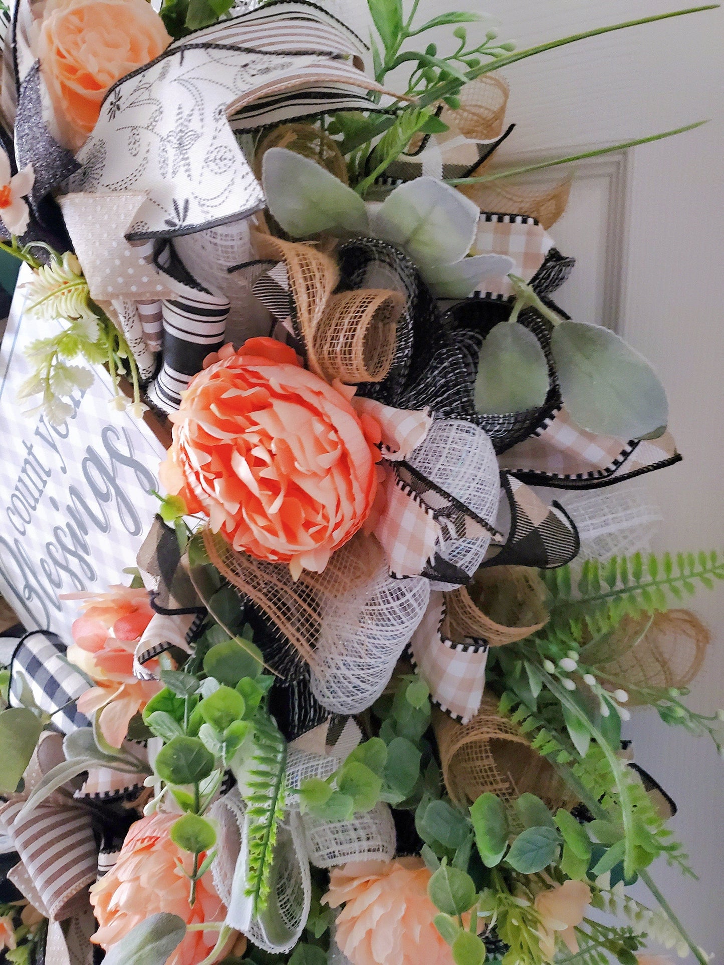 Everyday Peach Peony Buffalo Plaid Front Door Wreath - Farmhouse style Stuffs n Things by JD