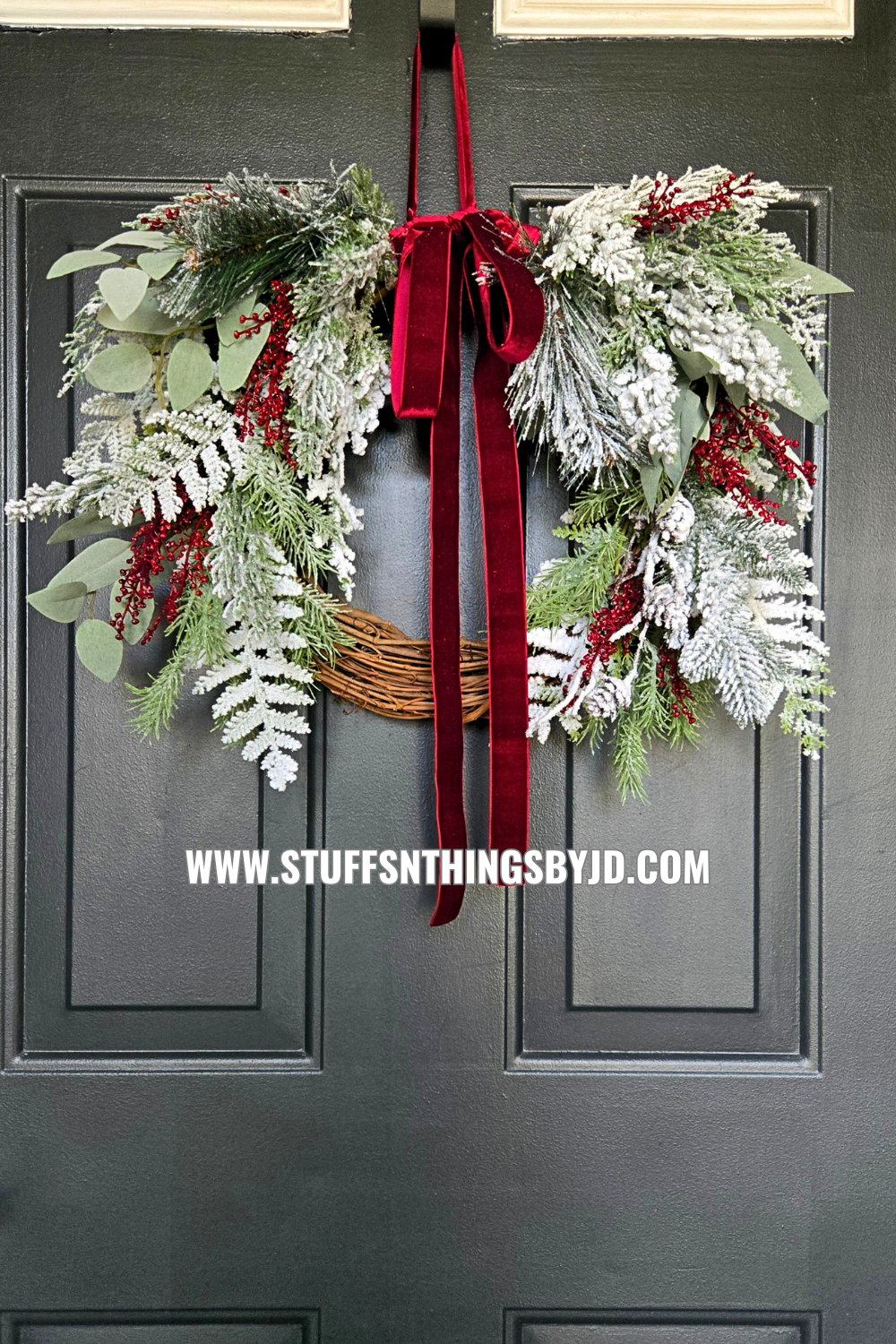Winter Wreath with Burgundy Velvet Bow, Frosted Christmas Wreath, Snowy Evergreen Grapevine Wreath, Window or Mantle Decor