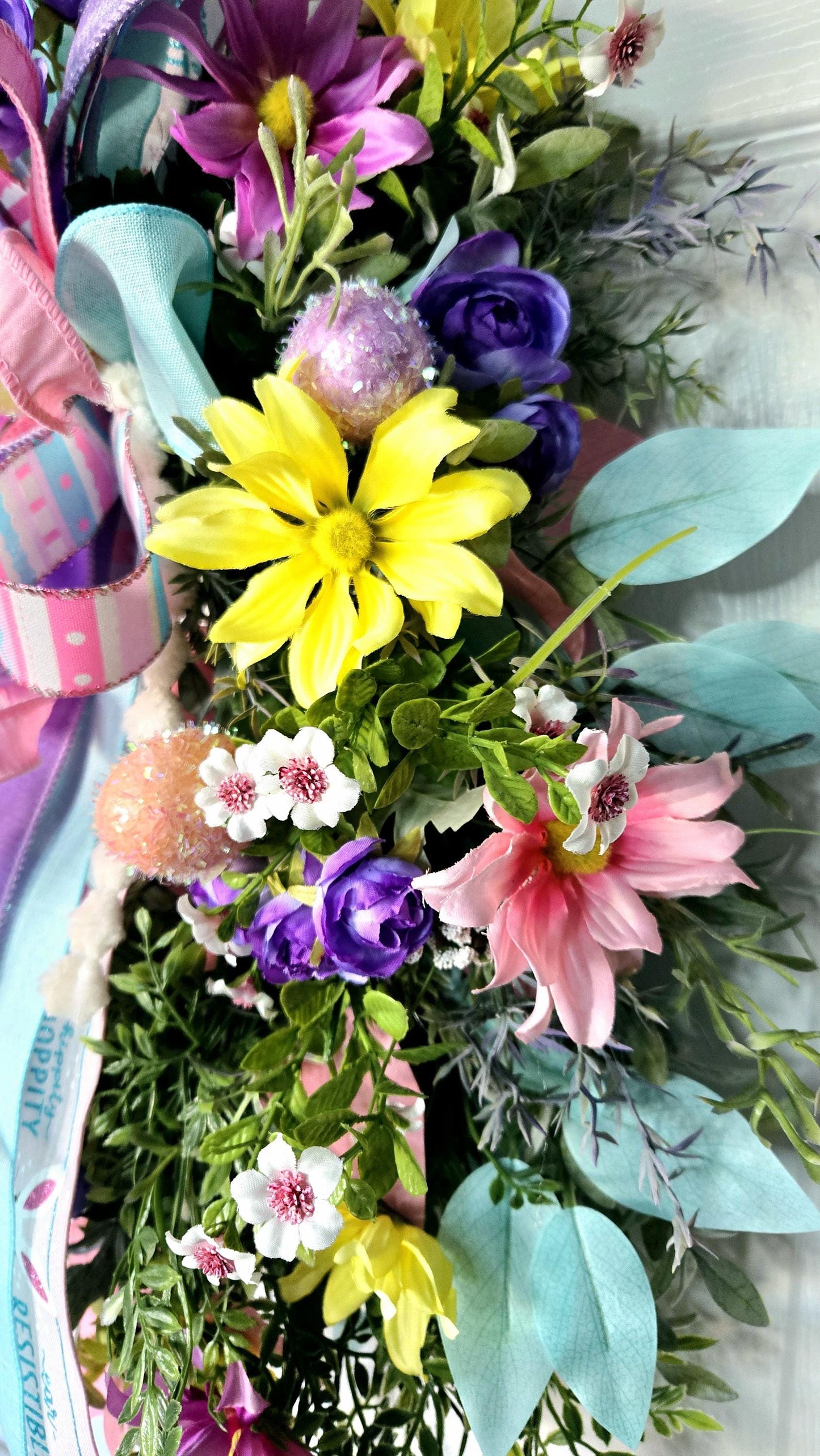 Easter Spring Garden Wreath with Pastel Flowers & Metal Bunny Stuffs n Things by JD