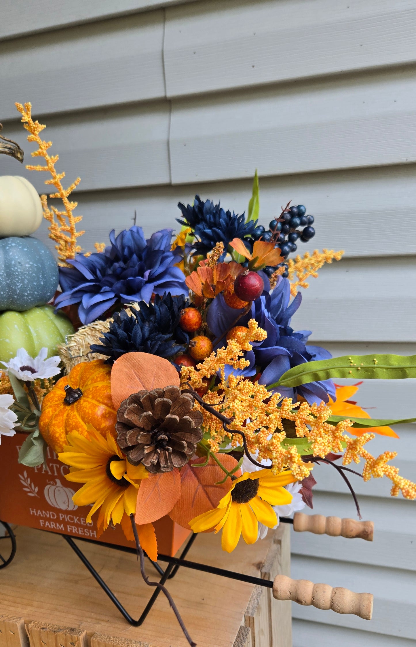 Fall Centerpiece with Stacked Pumpkins – Wagon Farmhouse Pumpkin Patch Autumn Arrangement