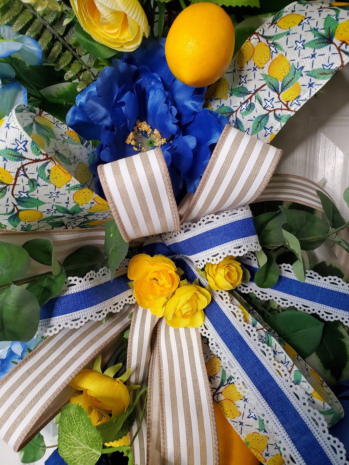 Lemon Yellow and Blue Floral Front Door Wreath for Spring or Summer Stuffs n Things by JD