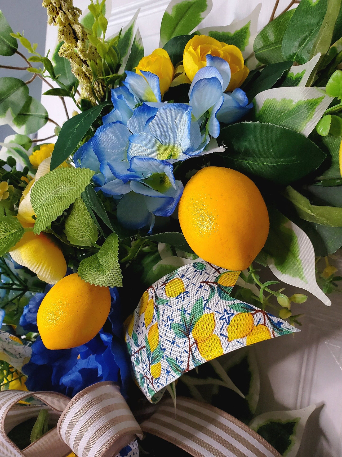 Lemon Yellow and Blue Floral Front Door Wreath for Spring or Summer Stuffs n Things by JD