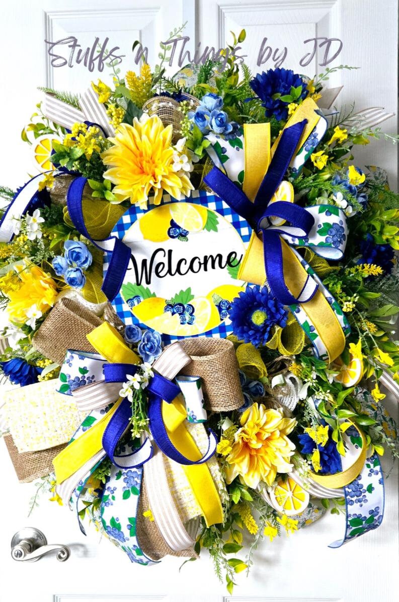 Lemon Blueberry Gingham Welcome Front Door Wreath Stuffs n Things by JD
