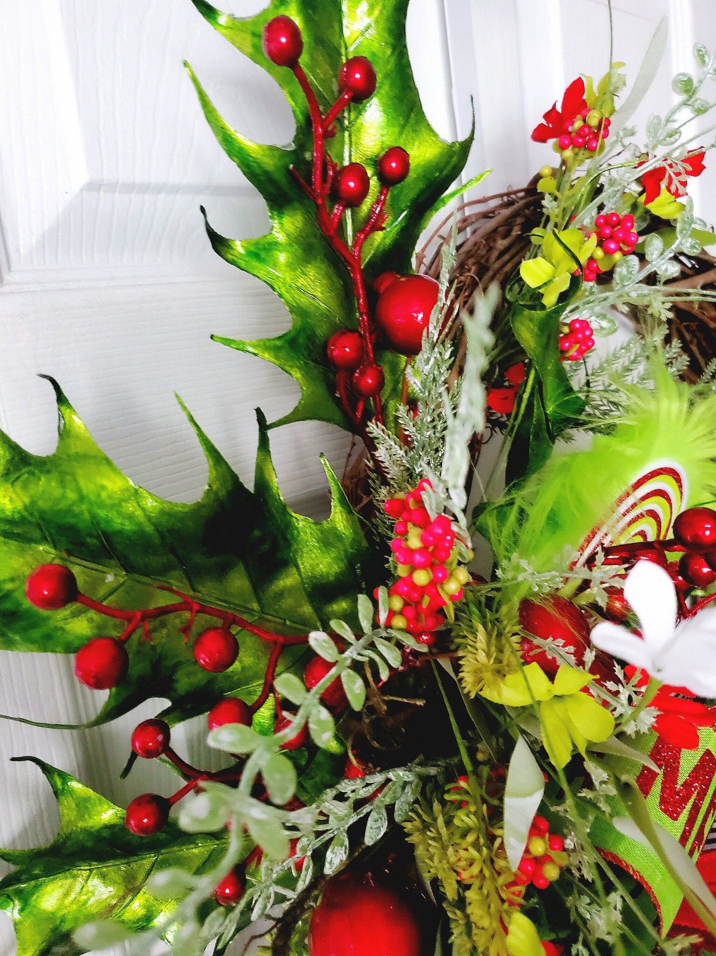 Whimsical Green Monster Style Grapevine Wreath, Red and Lime Green Holiday Hanger with Mean One Ribbon, Whimsical Front Door, Festive Decor My Store