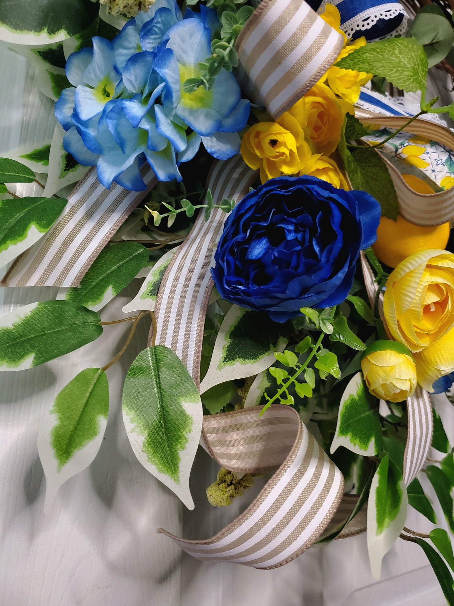Lemon Yellow and Blue Floral Front Door Wreath for Spring or Summer Stuffs n Things by JD