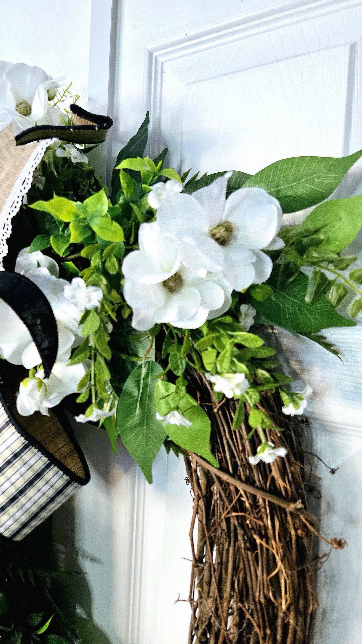 Butterfly Ranunculus Every Day Wreath with Black and Burlap Bow - Farmhouse Style Stuffs n Things by JD