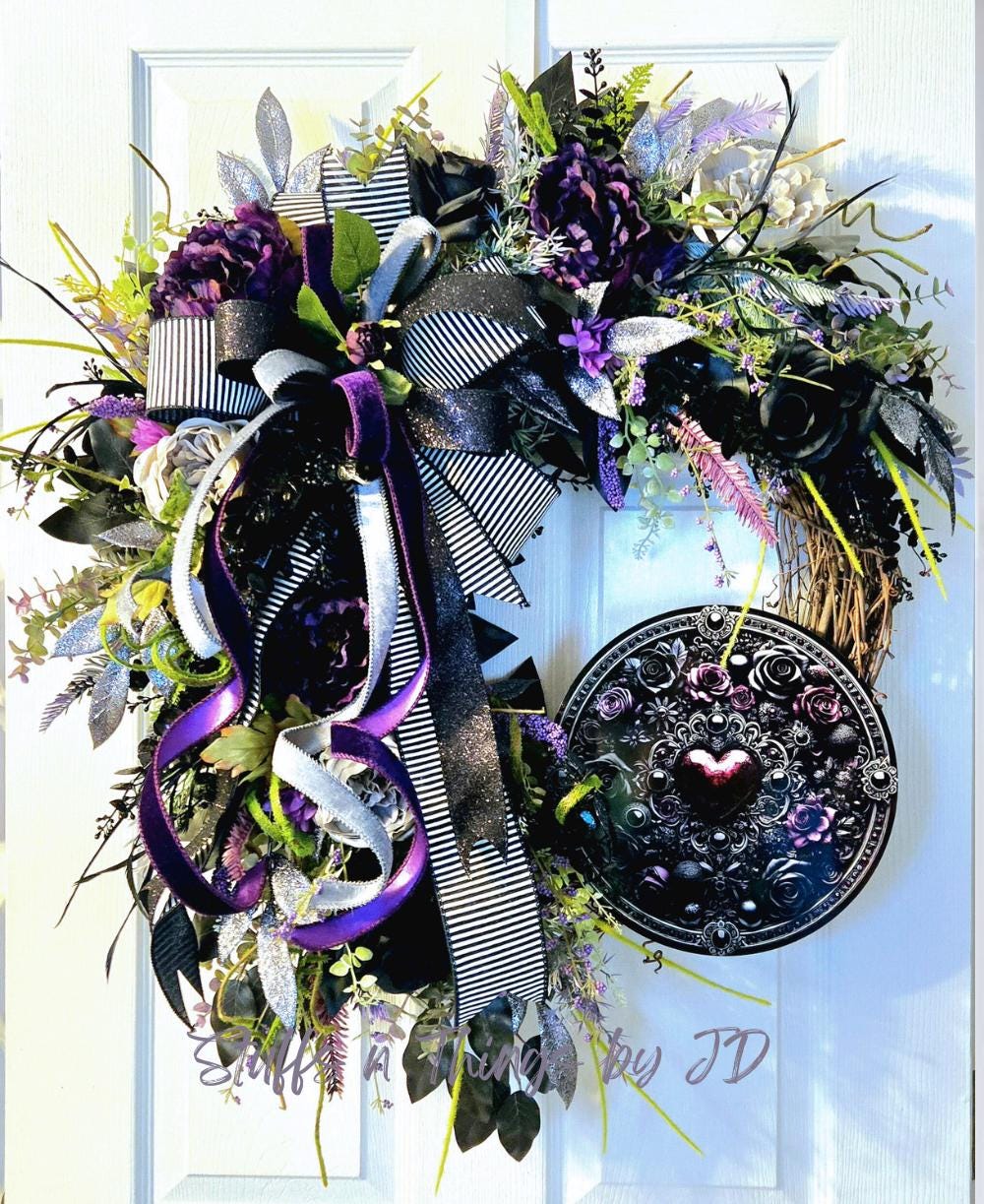 Gothic Purple & Moss Front Door Wreath with Removable Heart Sign - Dark & Moody style Stuffs n Things by JD
