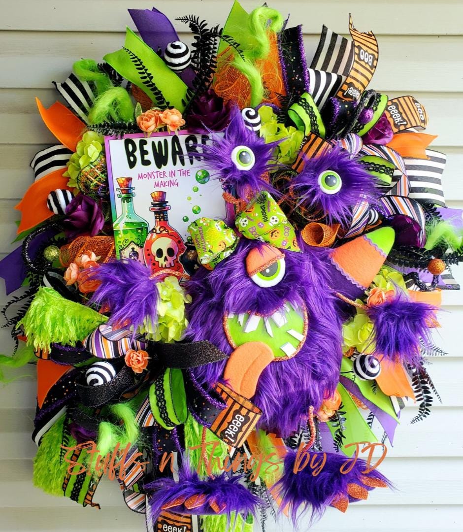 Birthday or Halloween Purple Three Eyed Monster Front Door Wreath Stuffs n Things by JD