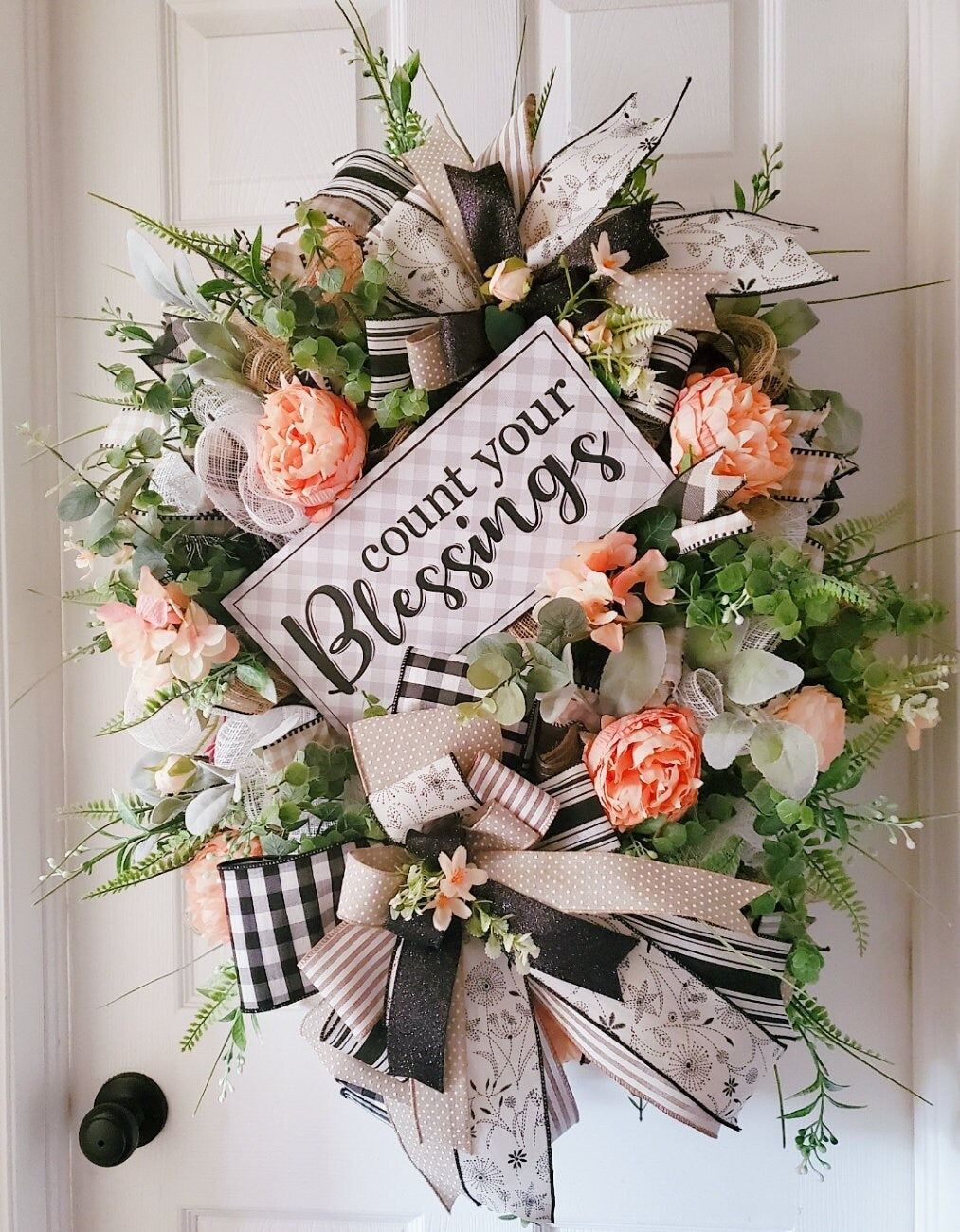 Everyday Peach Peony Buffalo Plaid Front Door Wreath - Farmhouse style Stuffs n Things by JD