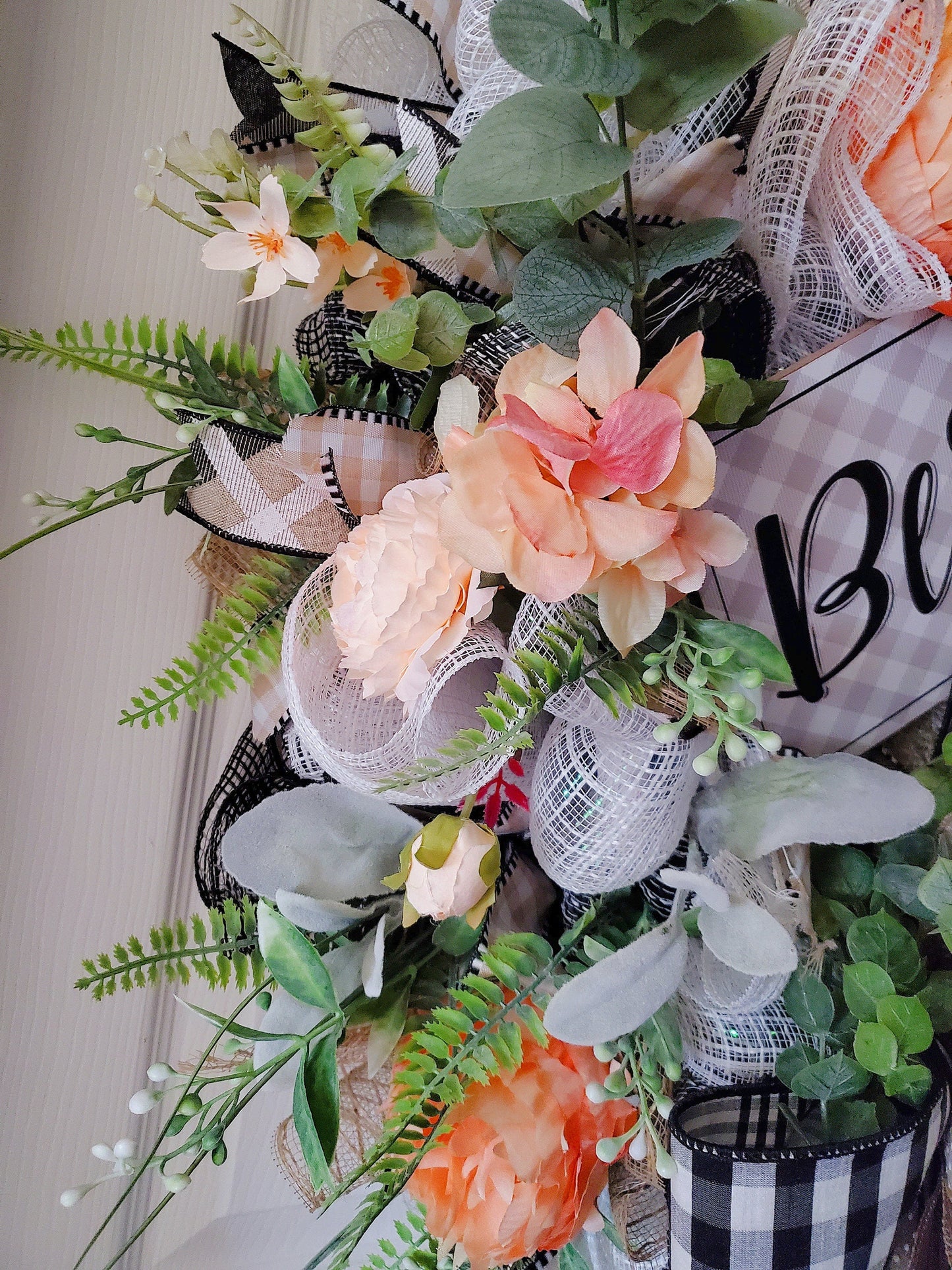 Everyday Peach Peony Buffalo Plaid Front Door Wreath - Farmhouse style Stuffs n Things by JD