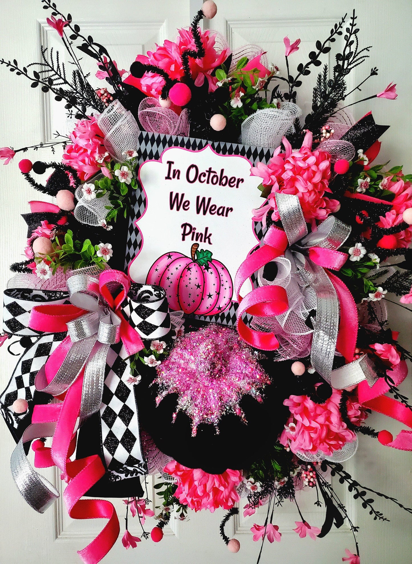 Pumpkin October Pink Awareness Front Door Wreath Stuffs n Things by JD