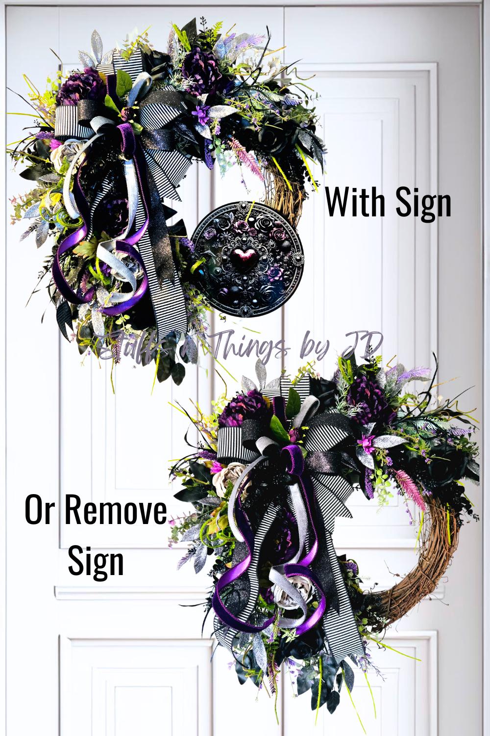 Gothic Purple & Moss Front Door Wreath with Removable Heart Sign - Dark & Moody style Stuffs n Things by JD