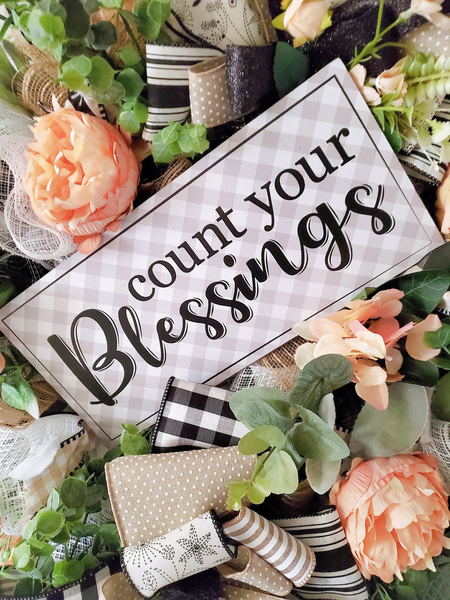 Everyday Peach Peony Buffalo Plaid Front Door Wreath - Farmhouse style Stuffs n Things by JD
