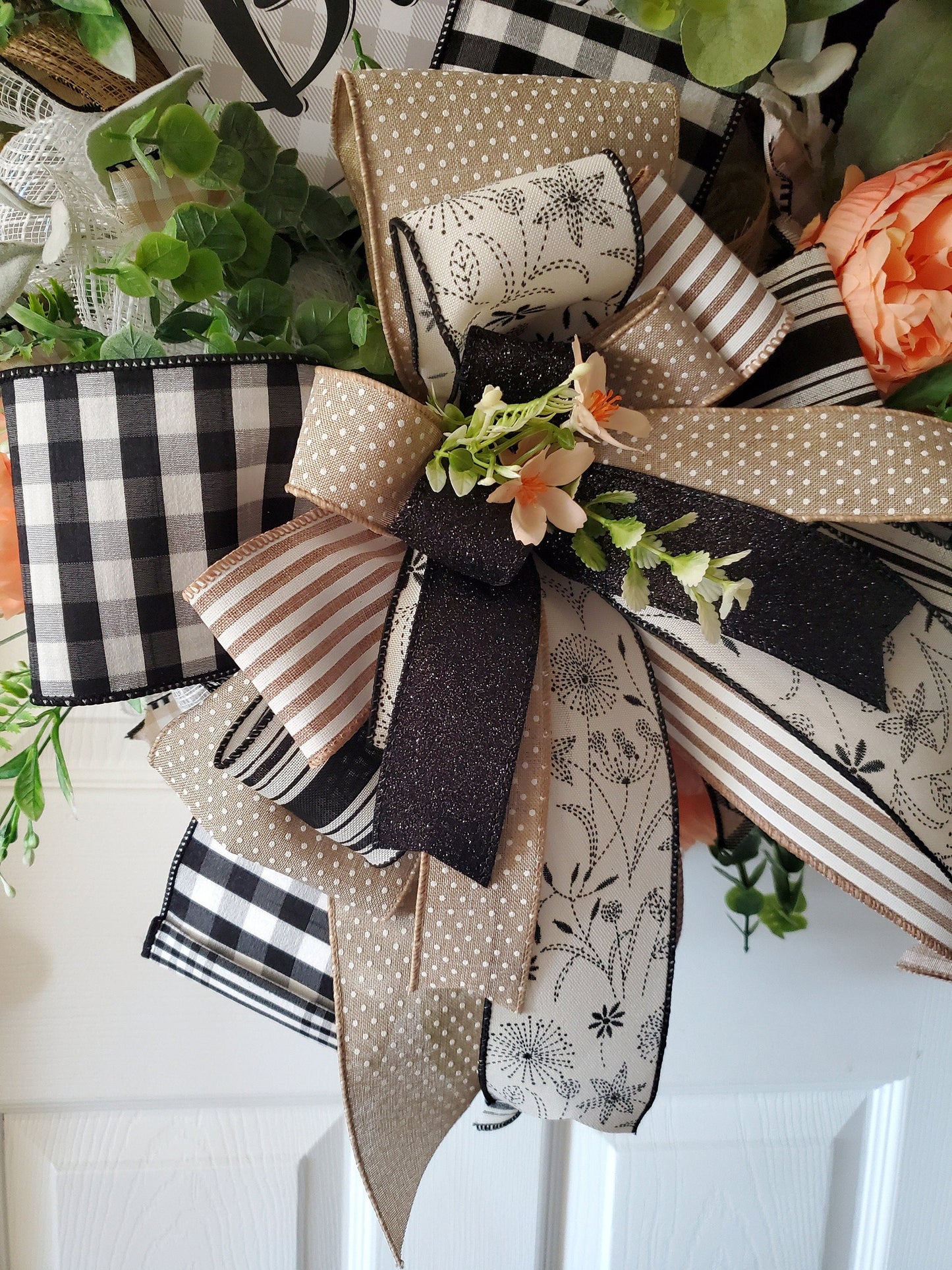 Everyday Peach Peony Buffalo Plaid Front Door Wreath - Farmhouse style Stuffs n Things by JD