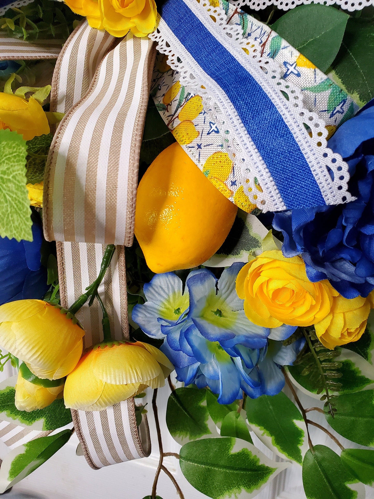 Lemon Yellow and Blue Floral Front Door Wreath for Spring or Summer Stuffs n Things by JD