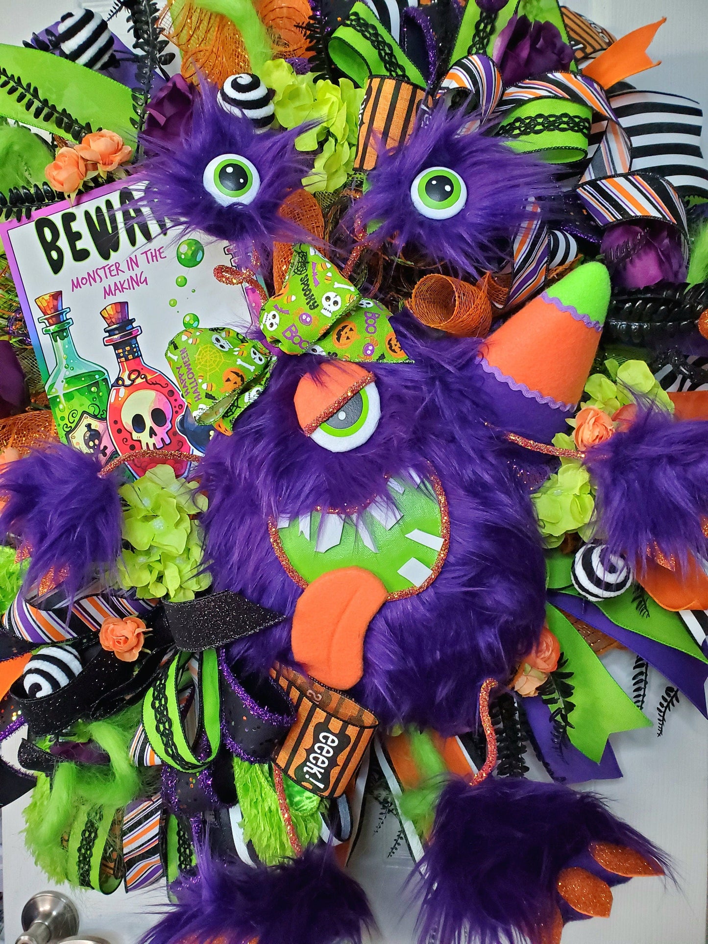 Birthday or Halloween Purple Three Eyed Monster Front Door Wreath Stuffs n Things by JD