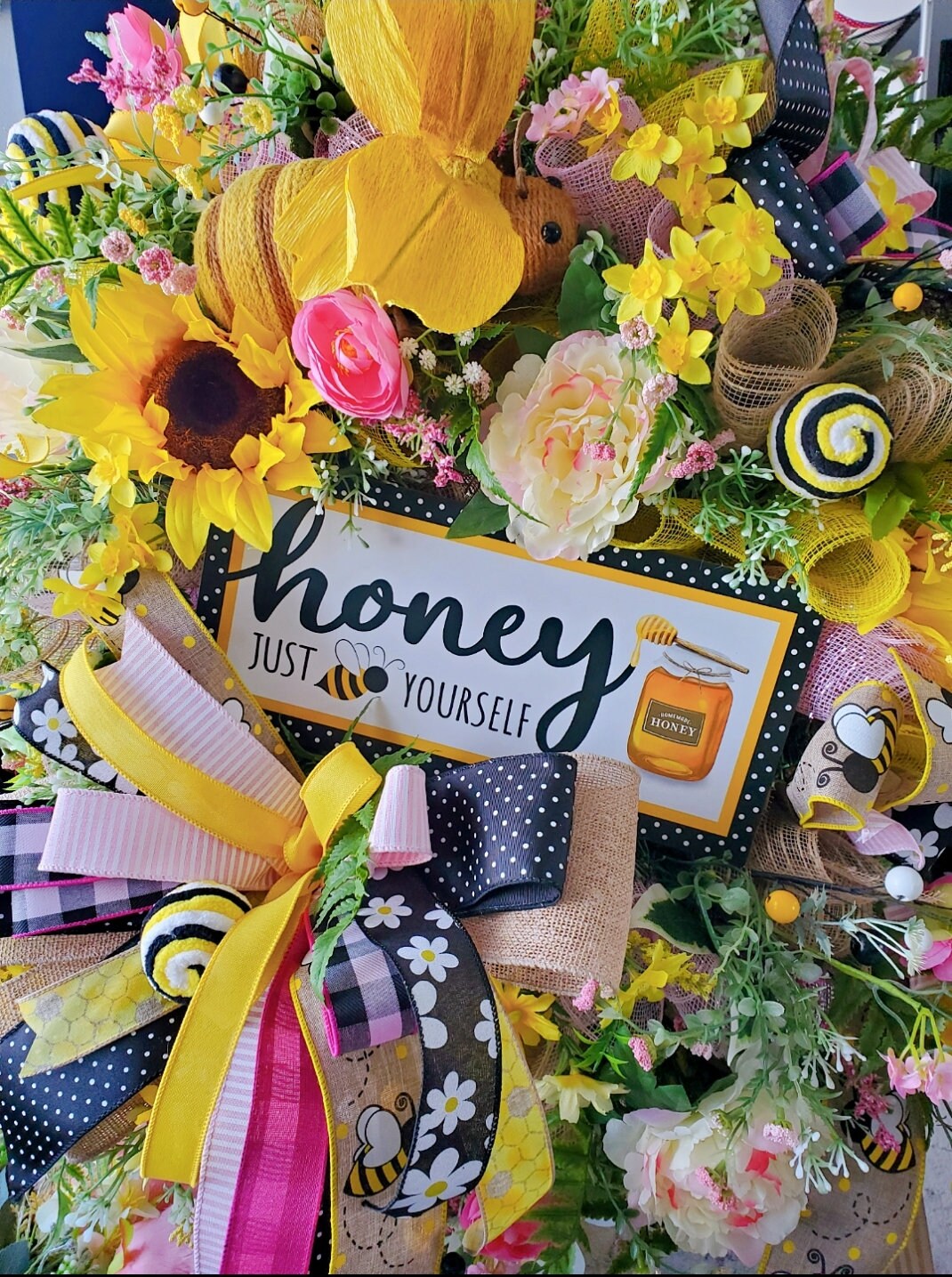 Bee Yourself Summer Wreath for Front Door - Pink & Yellow My Store