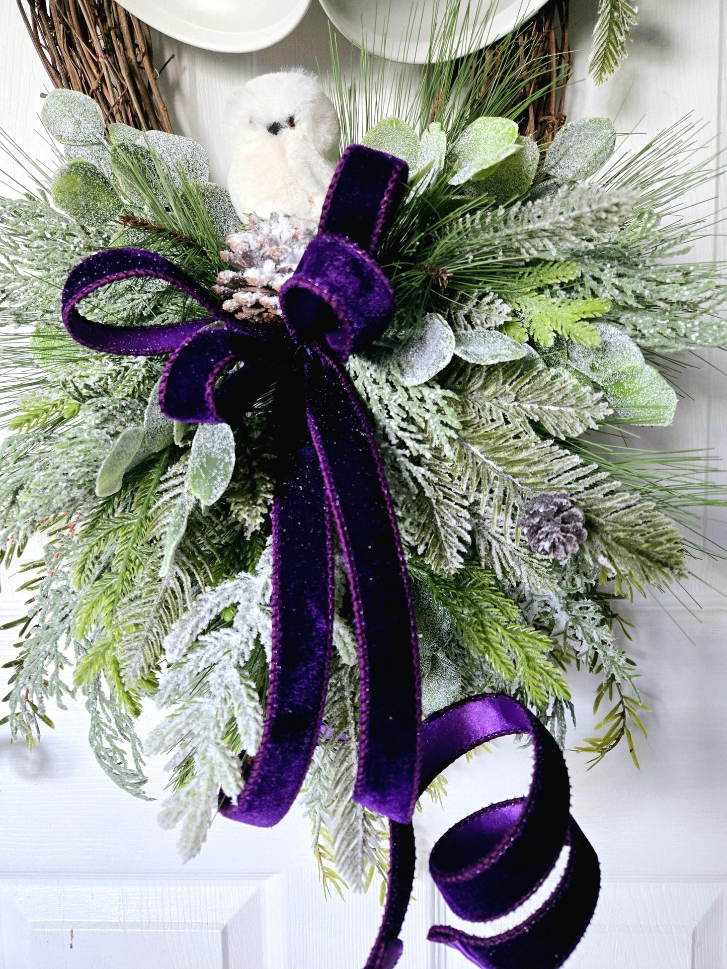 Rustic Bell and Snow Owl Winter or Holiday Grapevine Wreath for Front Door Stuffs n Things by JD