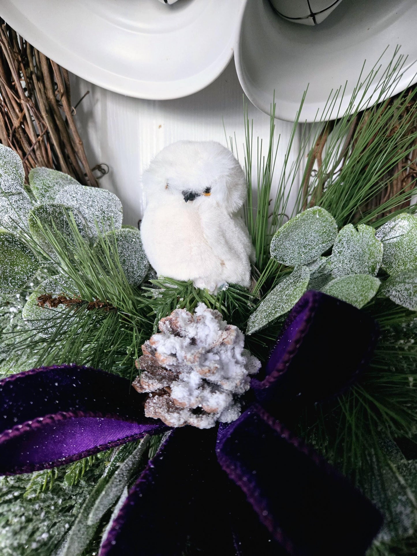 Rustic Bell and Snow Owl Winter or Holiday Grapevine Wreath for Front Door Stuffs n Things by JD