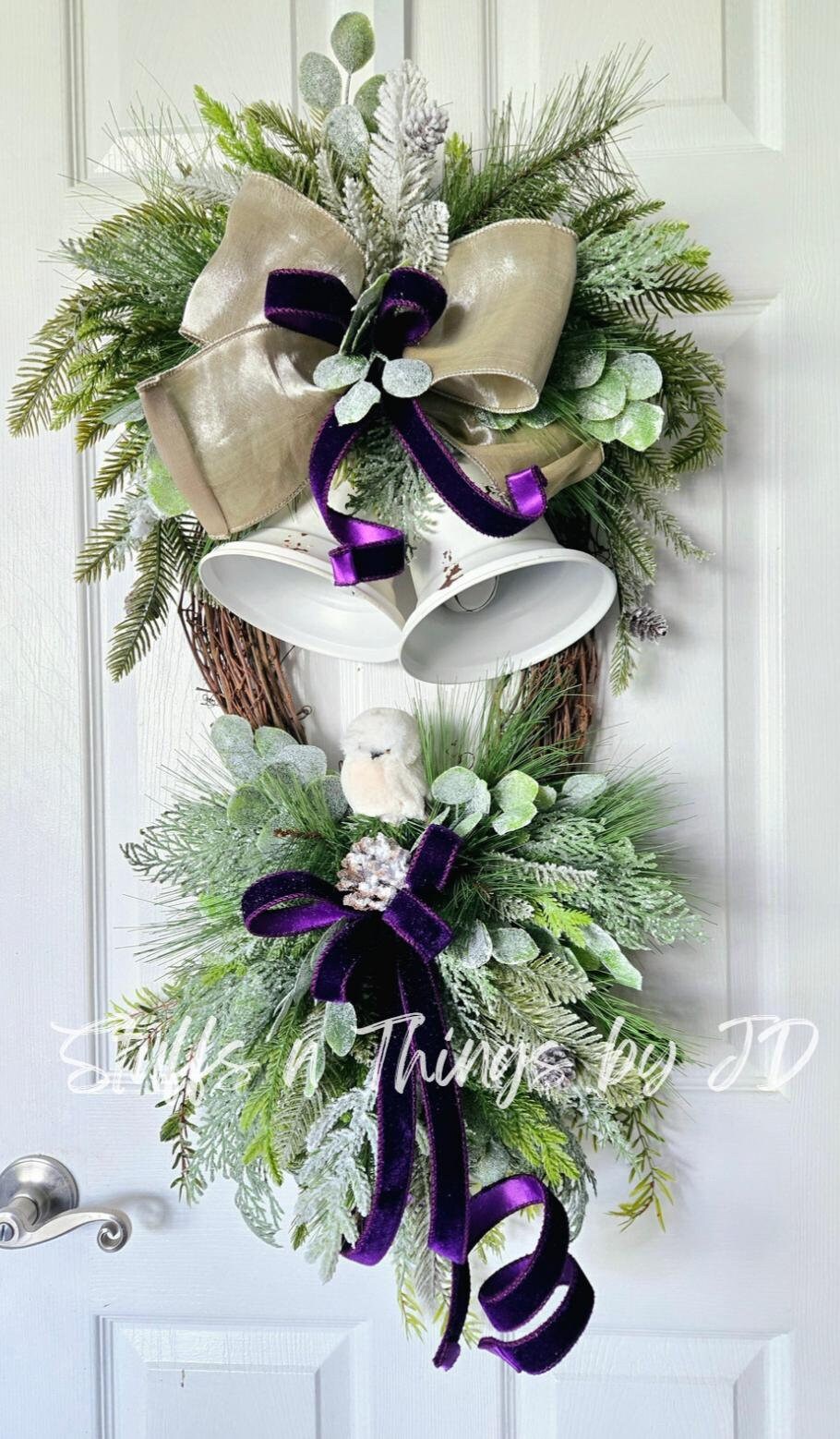 Rustic Bell and Snow Owl Winter or Holiday Grapevine Wreath for Front Door Stuffs n Things by JD