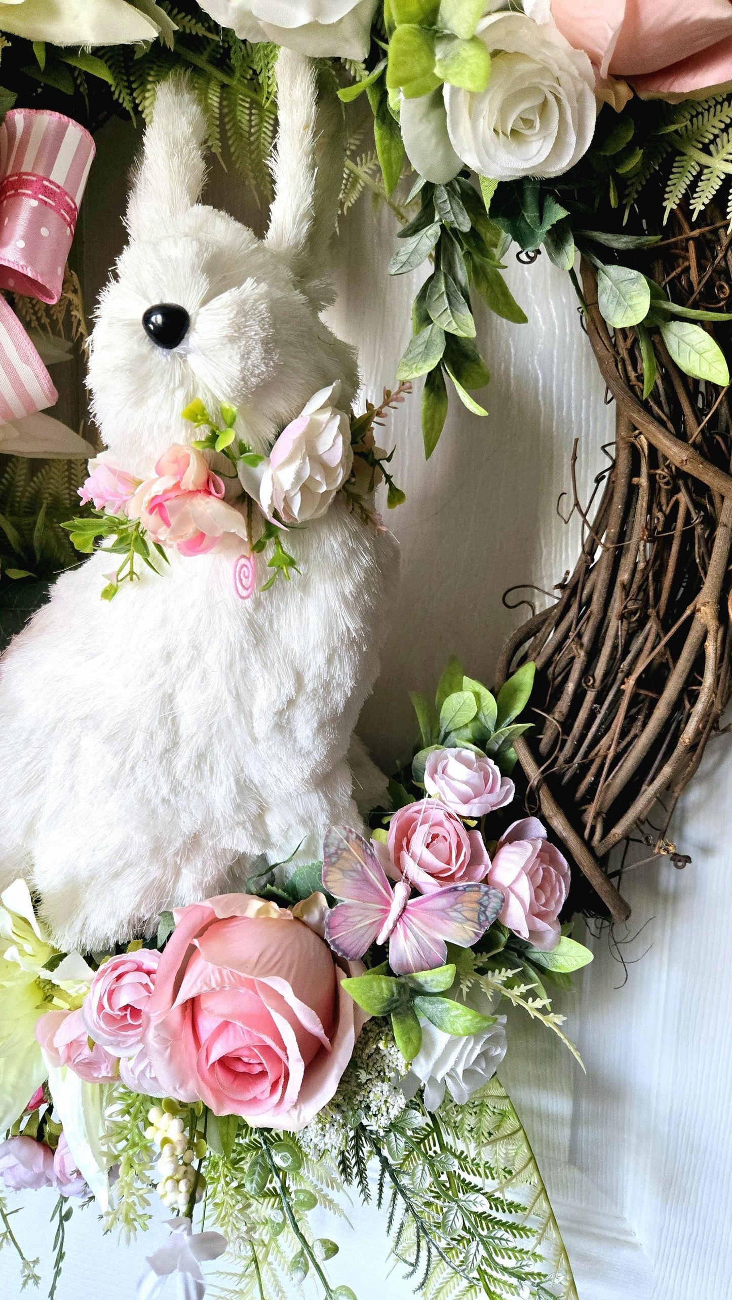 Pink Rose Easter Sisal Bunny Front Door Wreath - Cottagecore Style Stuffs n Things by JD
