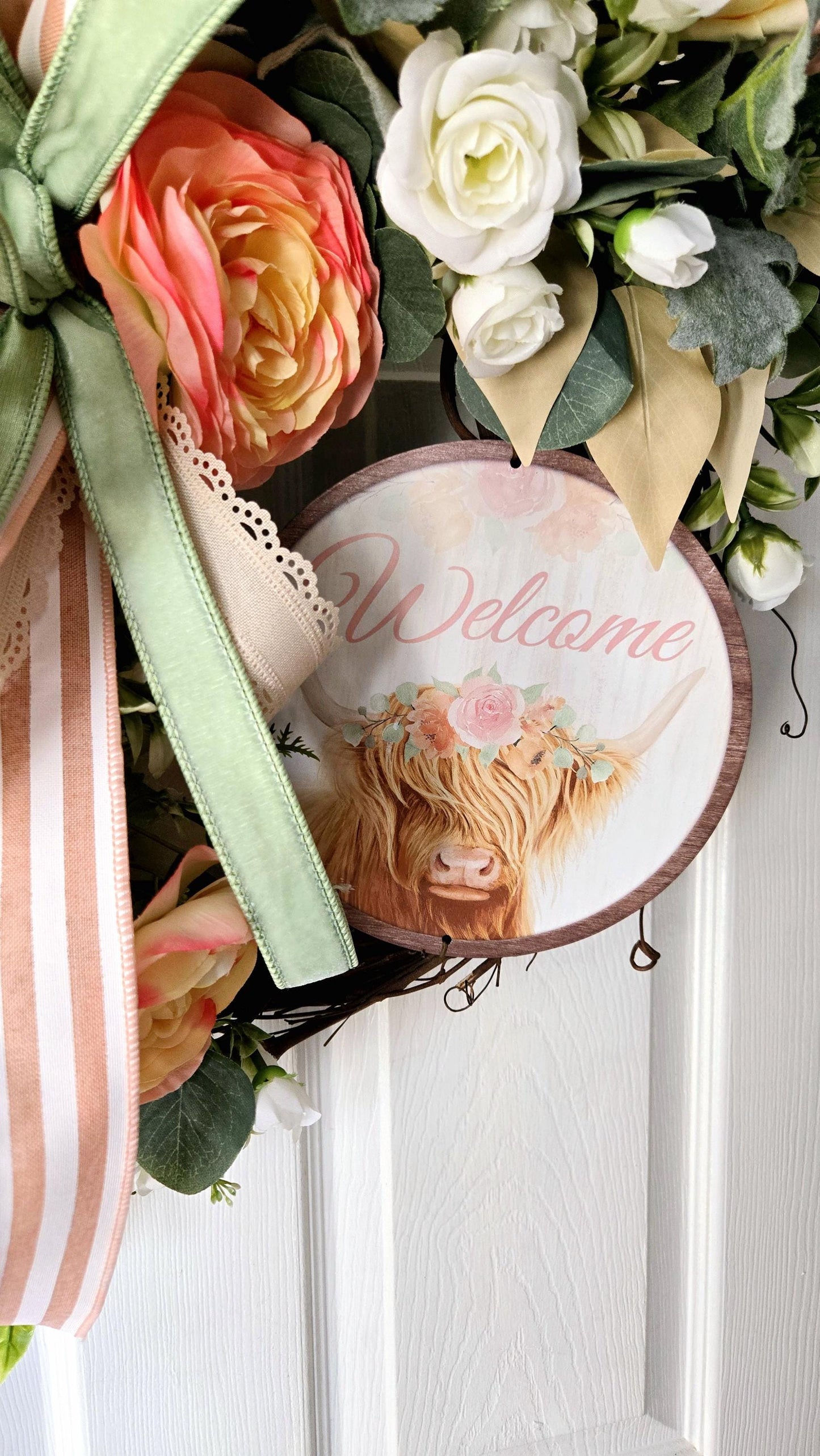 Farmhouse Highland Cow Welcome Wreath for Front Door Stuffs n Things by JD