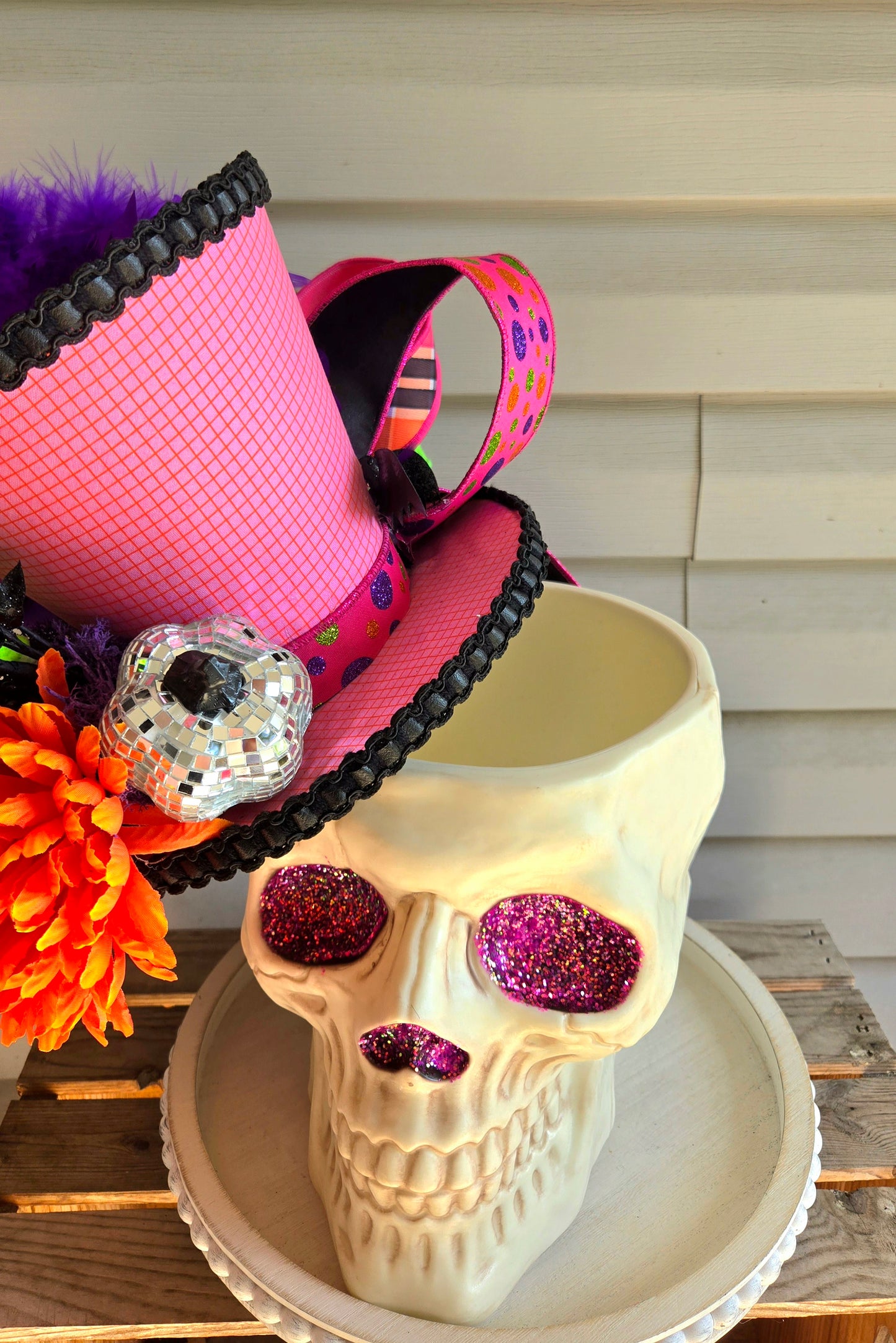 Halloween Skull Decor - Candy Dish or Planter Removable Skelly Top Hat with Black Cat, Disco Pumpkin, Wreath Attachment Option, Funky Decor