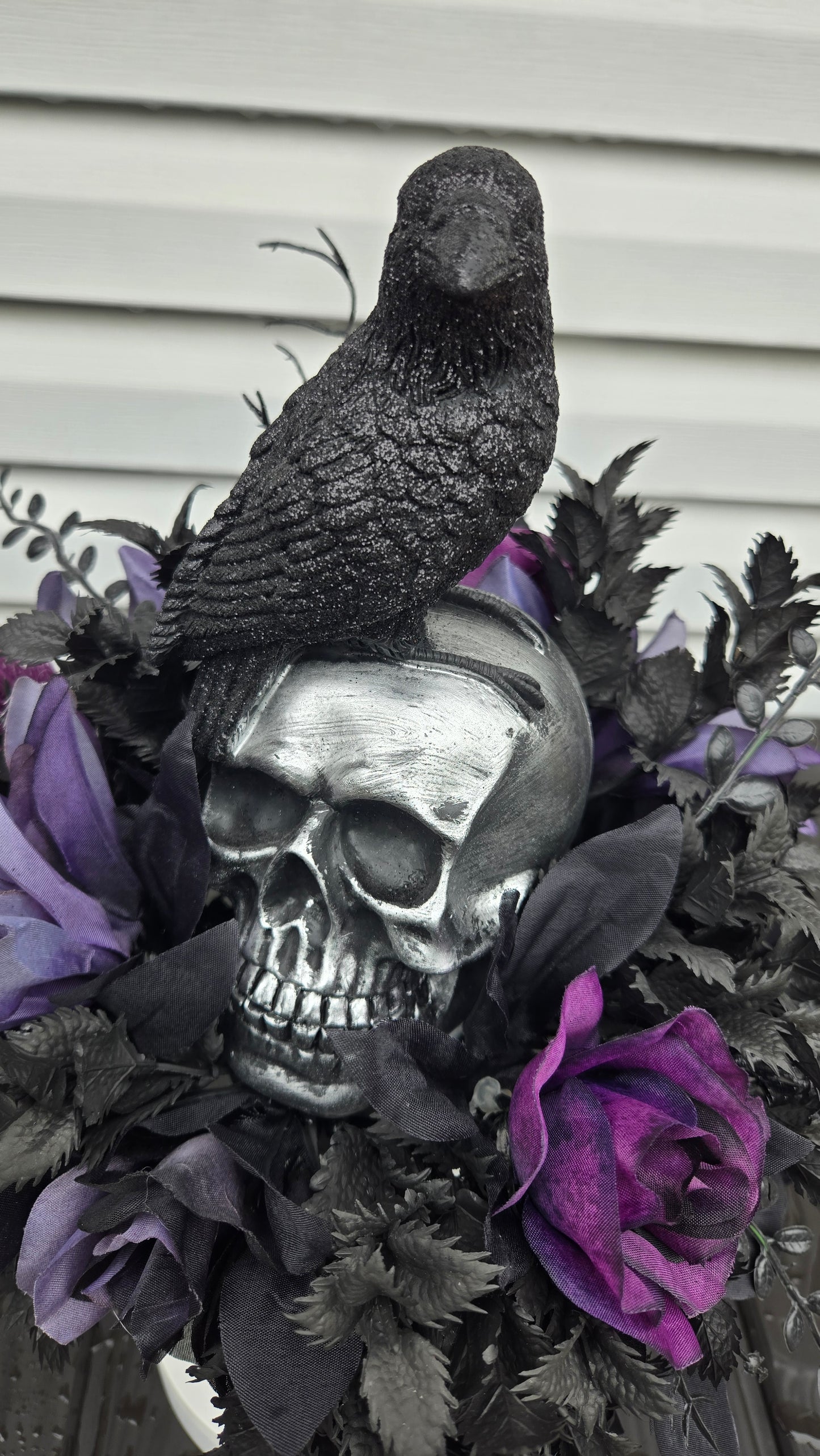 Halloween Floral Arrangement - Gothic Skull Candlestick Centerpiece with Raven