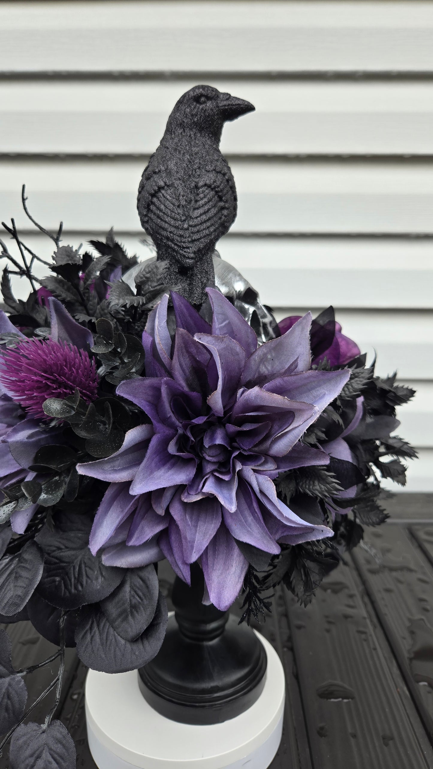 Halloween Floral Arrangement - Gothic Skull Candlestick Centerpiece with Raven