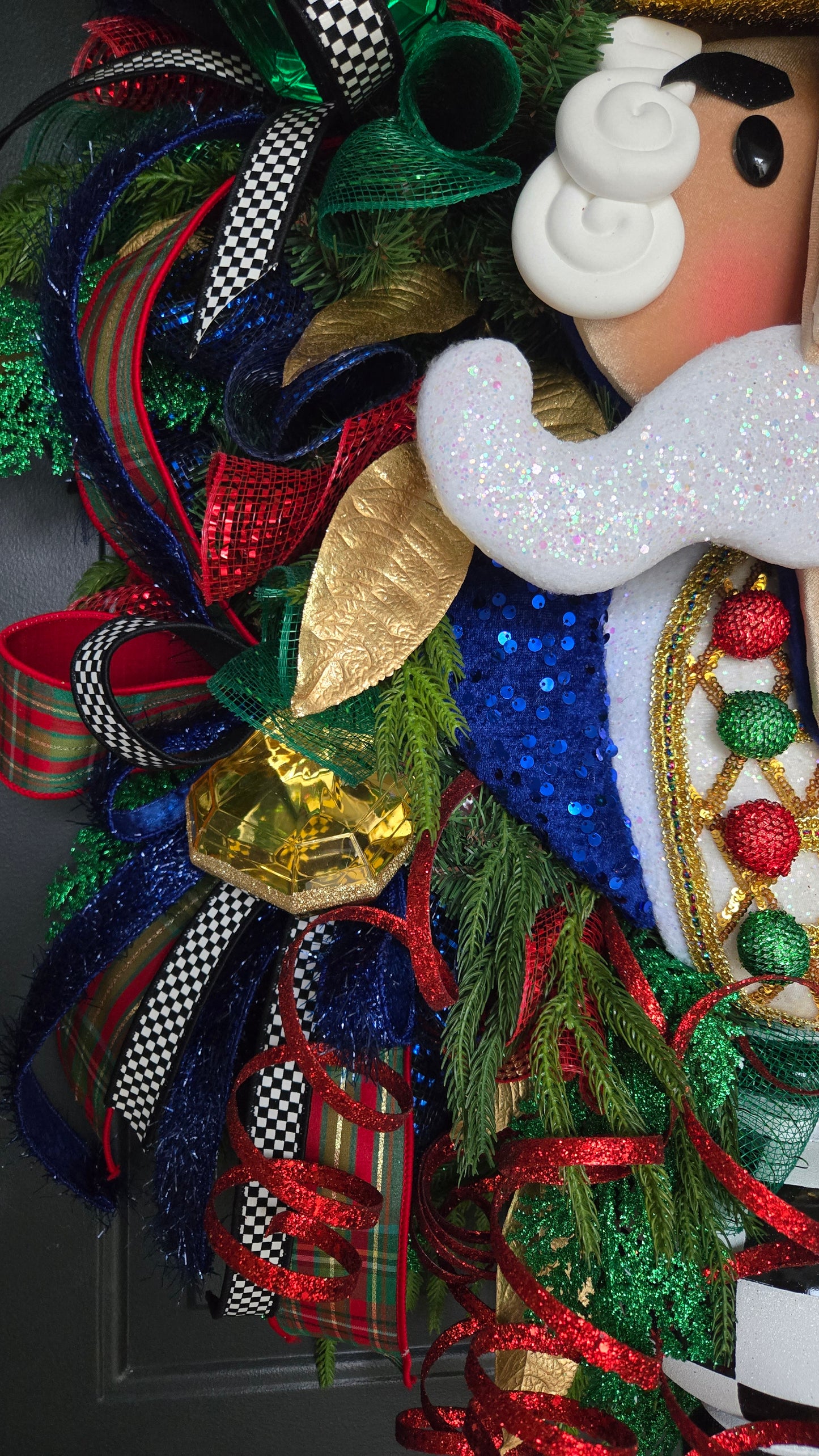 XL Nutcracker Christmas Wreath β Grand Holiday Home Decor with Plaid Ribbon, Gold Accents & Festive Glitter Details