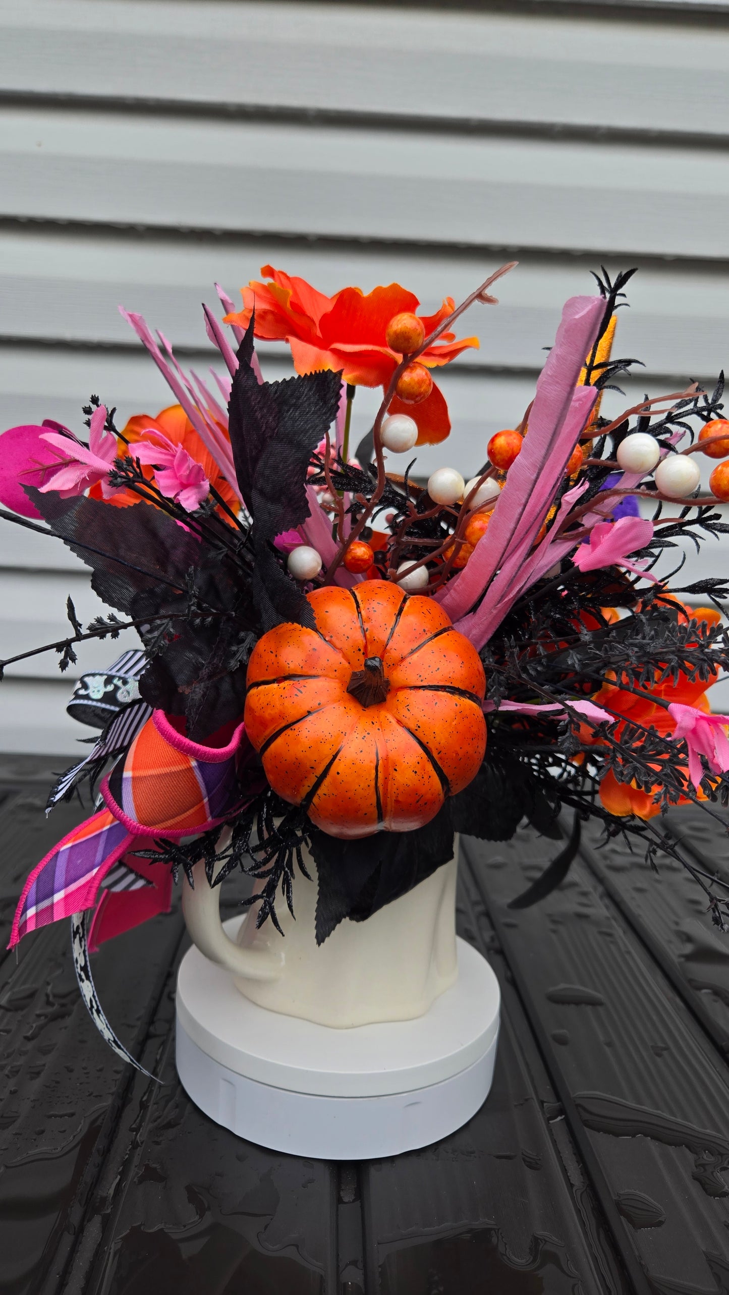 Halloween Arrangement - Cute Ghost Mug Centerpiece with Witch Hat & Purple Spider