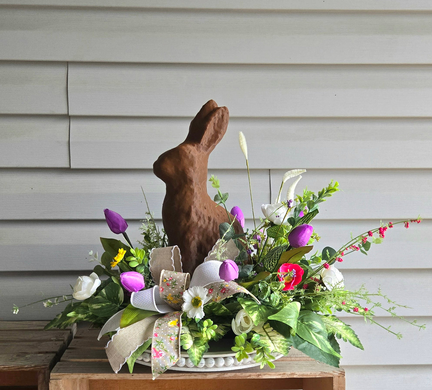 Easter Centerpiece with Faux Chocolate Bunny | Gold Tray Spring Arrangement