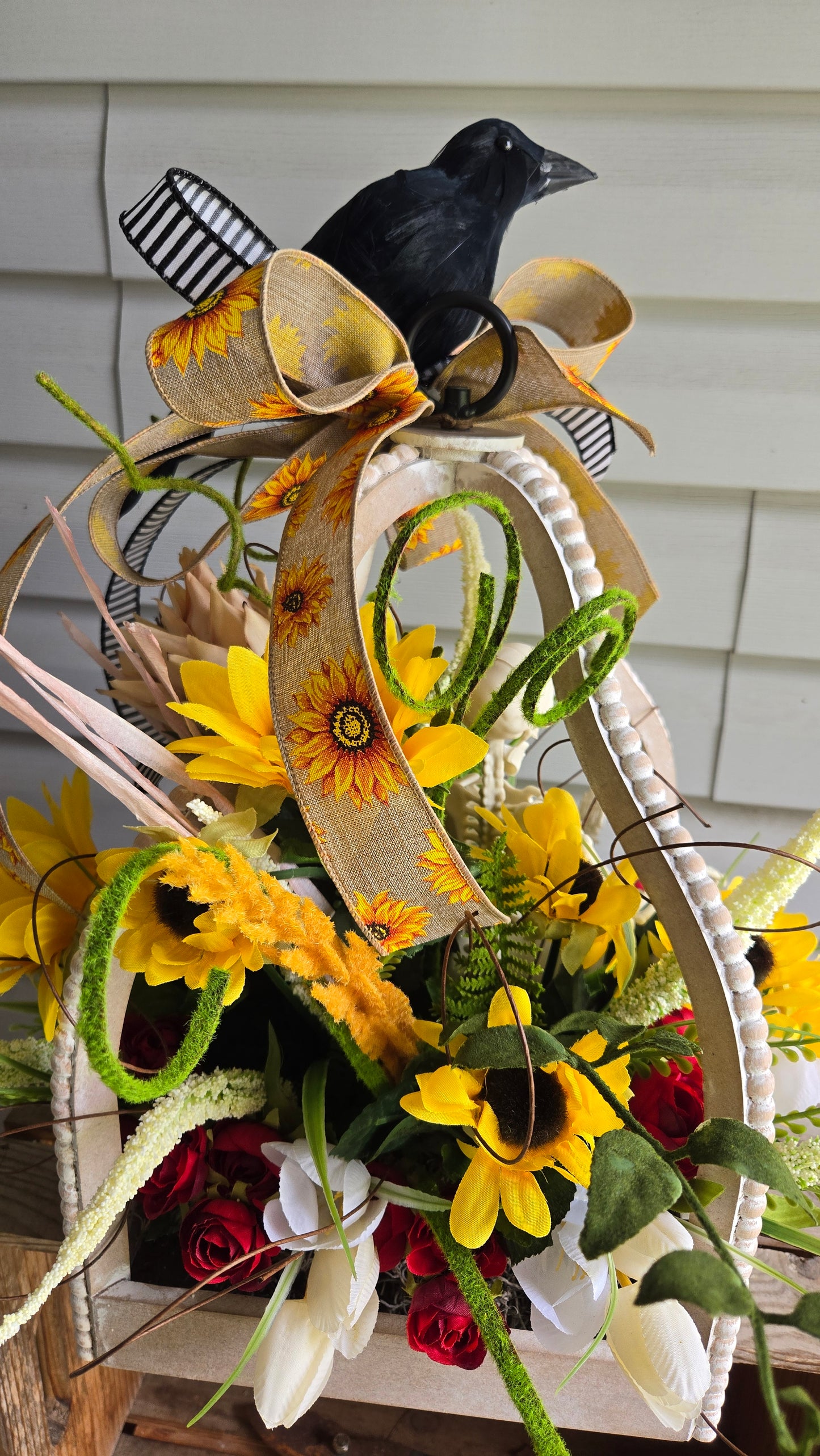 Lantern Arrangement – Halloween Fall Décor with Rustic Lantern, Sunflowers, Skeleton & Raven Accent