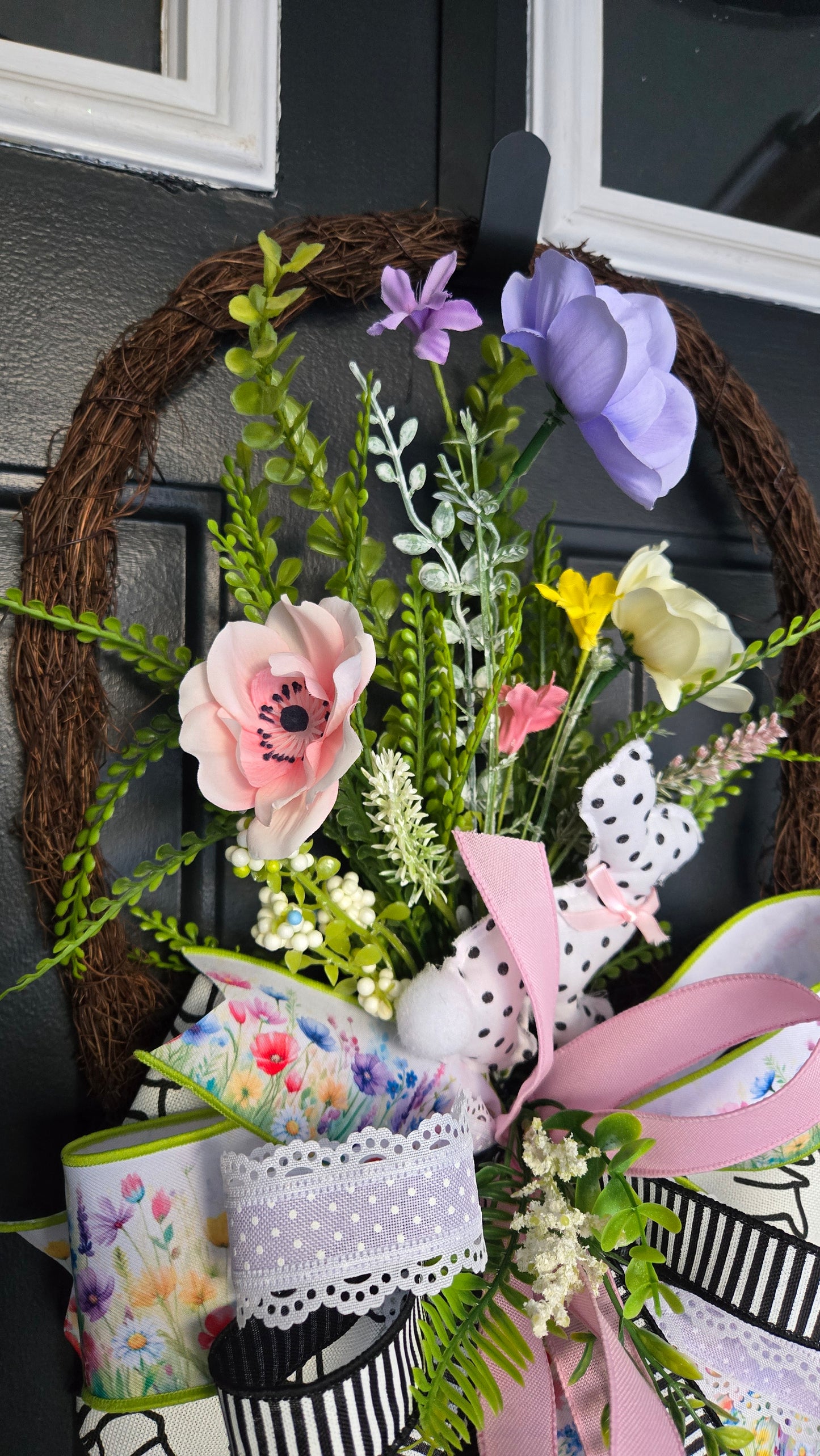 Spring Basket Door Hanger | Floral Grapevine Basket Wreath | Easter Front Door Decor | Cottage Farmhouse Wall Hanging