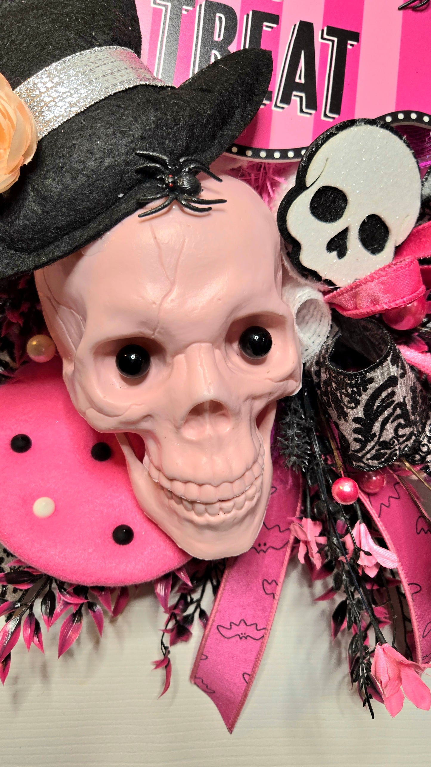 Halloween Swag Wreath – Pink & Black Skull Trick or Treat Door Hanger with Top Hats