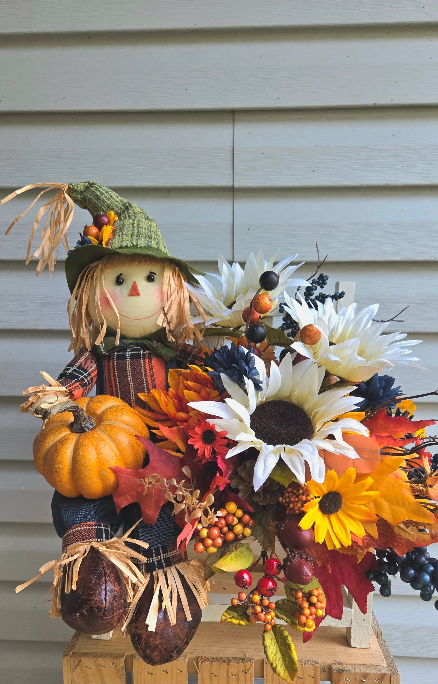 Fall Scarecrow Centerpiece with Sunflowers & Pumpkins – Autumn Table Decor, Bench Sitting Scarecrow, Thanksgiving Floral Arrangement