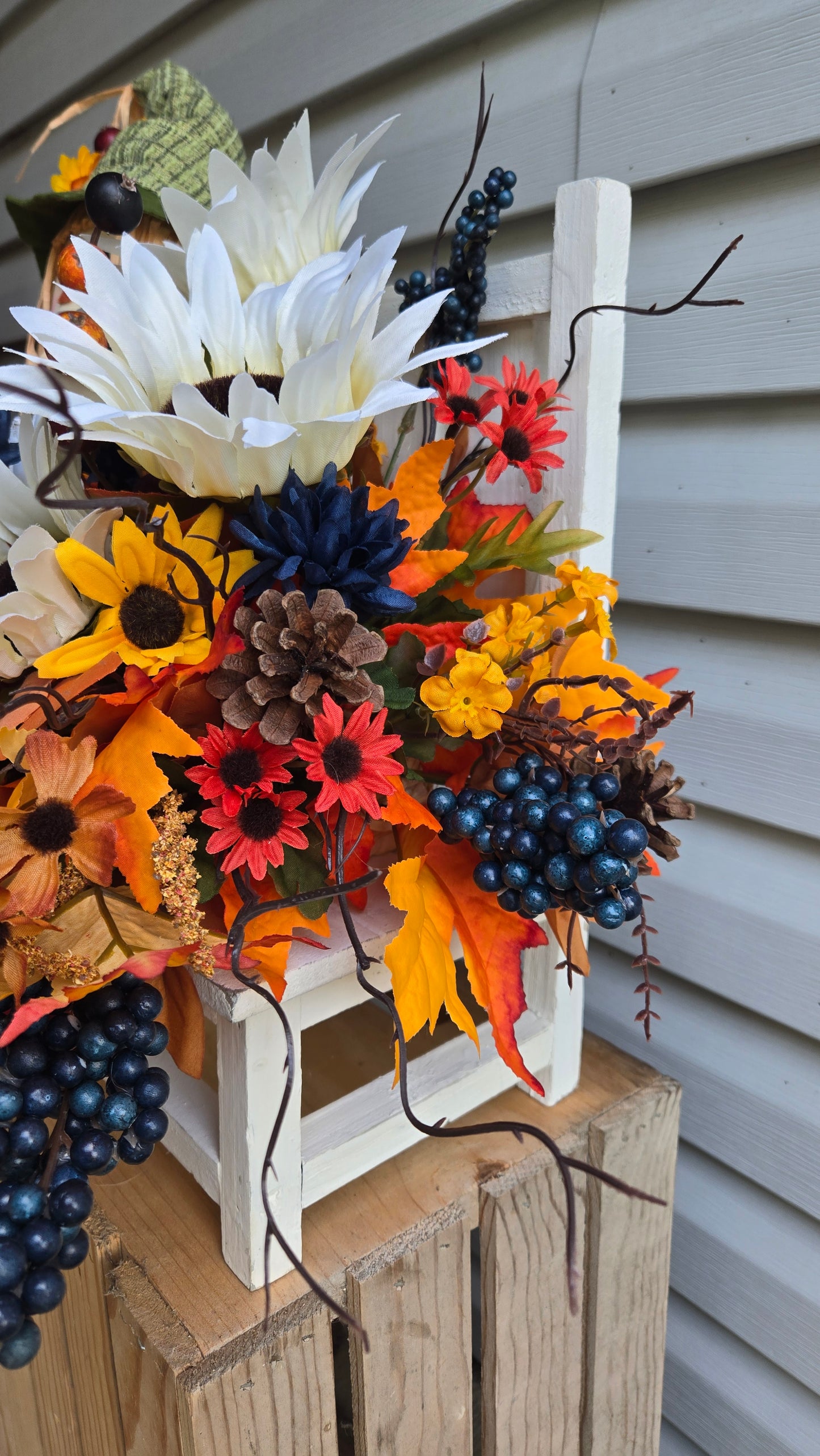 Fall Scarecrow Centerpiece with Sunflowers & Pumpkins – Autumn Table Decor, Bench Sitting Scarecrow, Thanksgiving Floral Arrangement