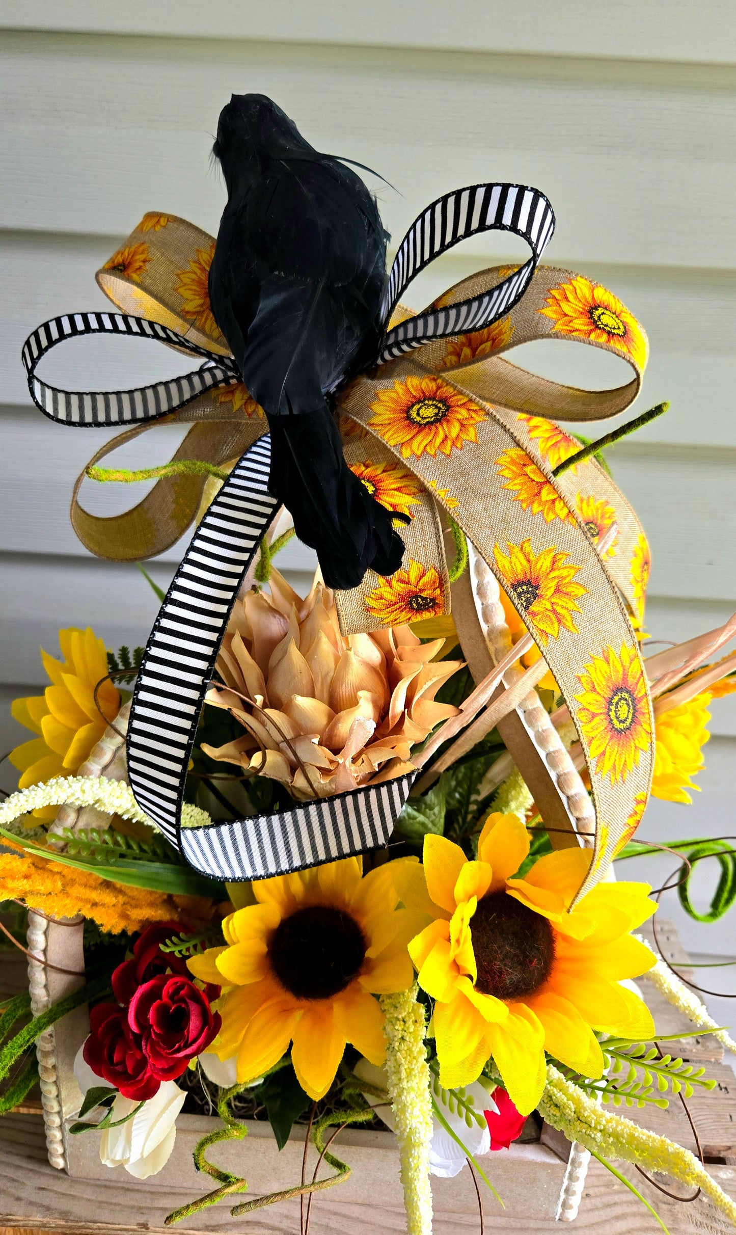 Lantern Arrangement – Halloween Fall Décor with Rustic Lantern, Sunflowers, Skeleton & Raven Accent