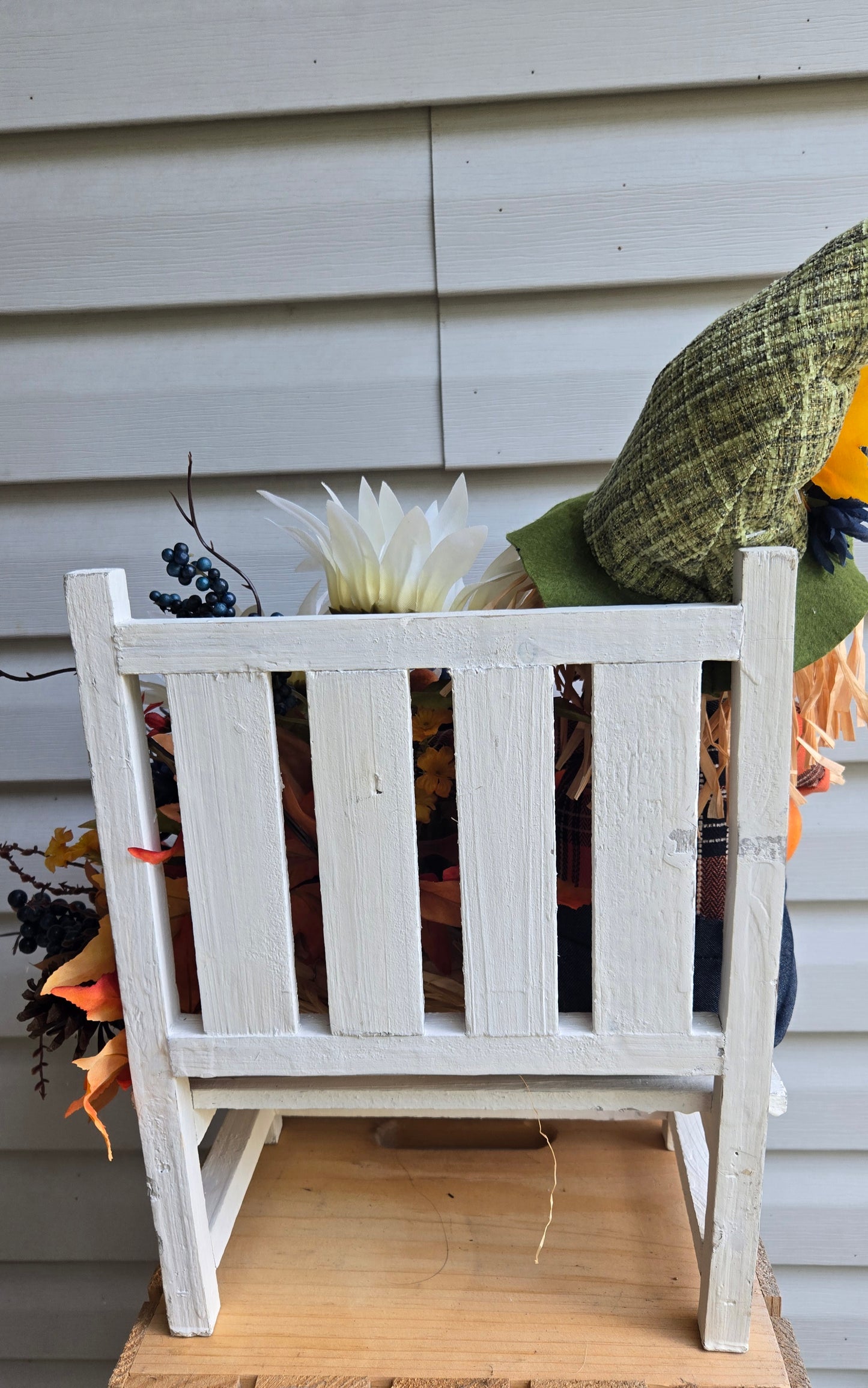 Fall Scarecrow Centerpiece with Sunflowers & Pumpkins – Autumn Table Decor, Bench Sitting Scarecrow, Thanksgiving Floral Arrangement