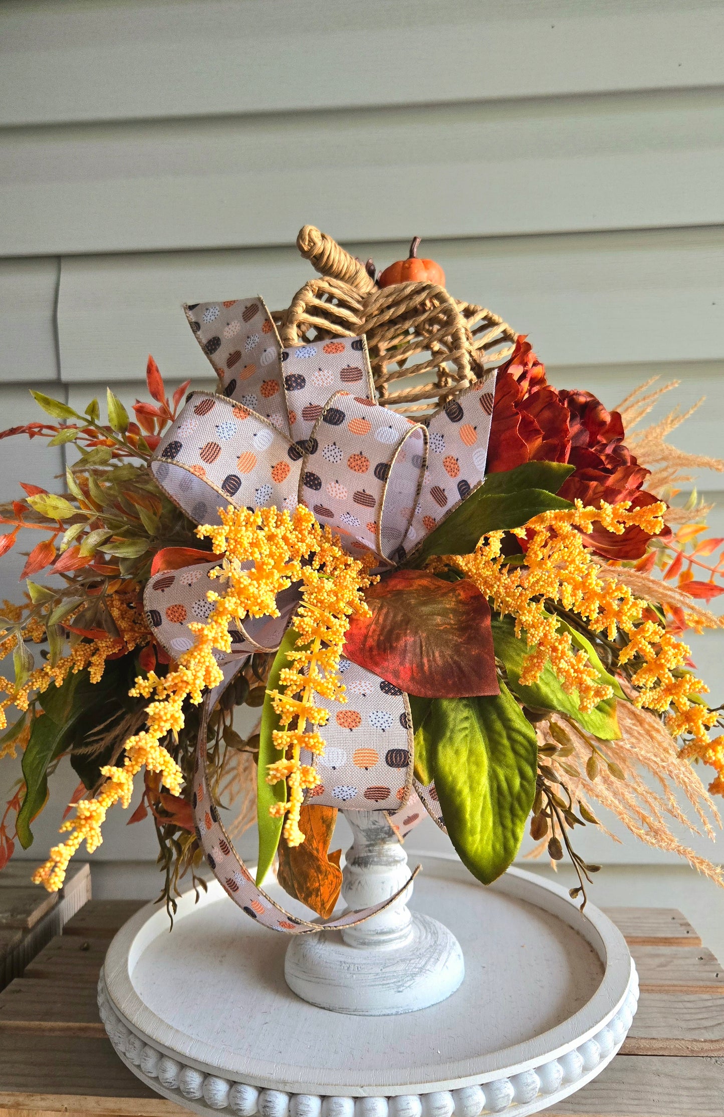 Fall Arrangement Pumpkin Candlestick β Rustic Autumn Farmhouse Table Centerpiece