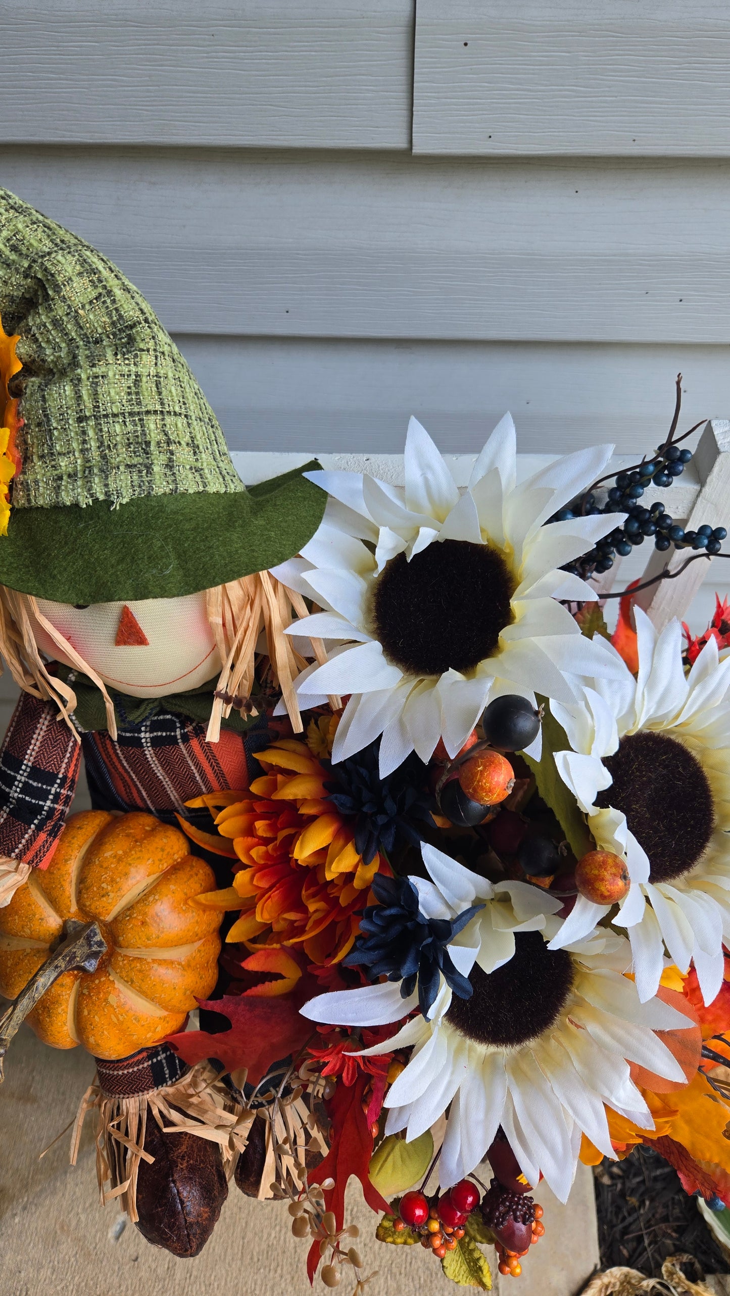 Fall Scarecrow Centerpiece with Sunflowers & Pumpkins – Autumn Table Decor, Bench Sitting Scarecrow, Thanksgiving Floral Arrangement