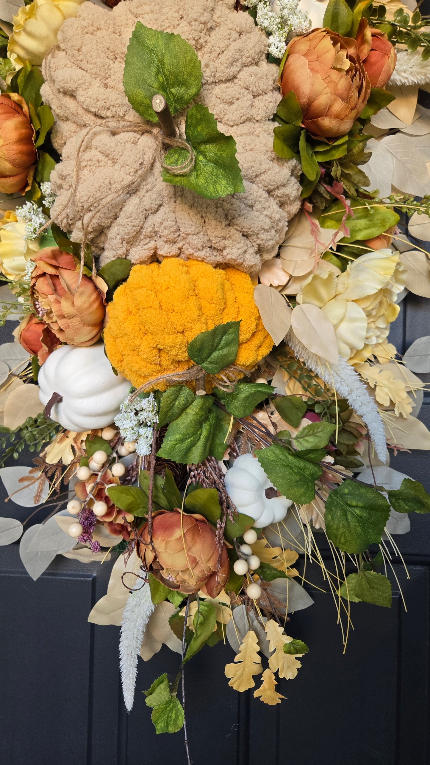 Fall Pumpkin Centerpiece or Door Swag – Rustic Harvest Décor with Handmade Knit Pumpkins