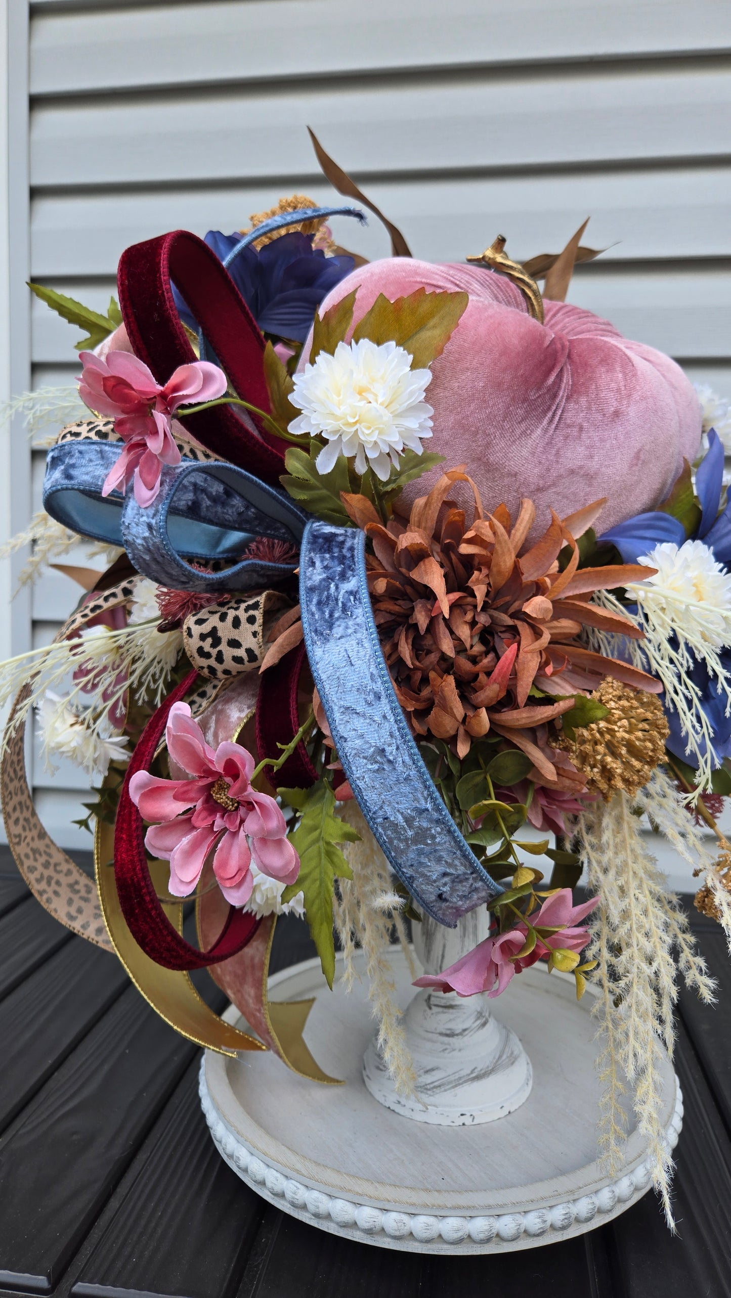 Glam Boho Chic Fall Arrangement - Velvet Pink Pumpkin Candlestick