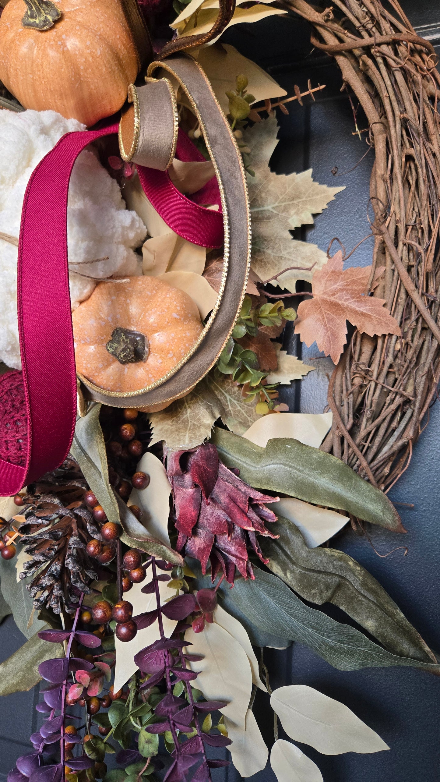 Fall Wreath - Burgundy Eucalyptus and Pumpkin Grapevine Wreath for Autumn Door Decor