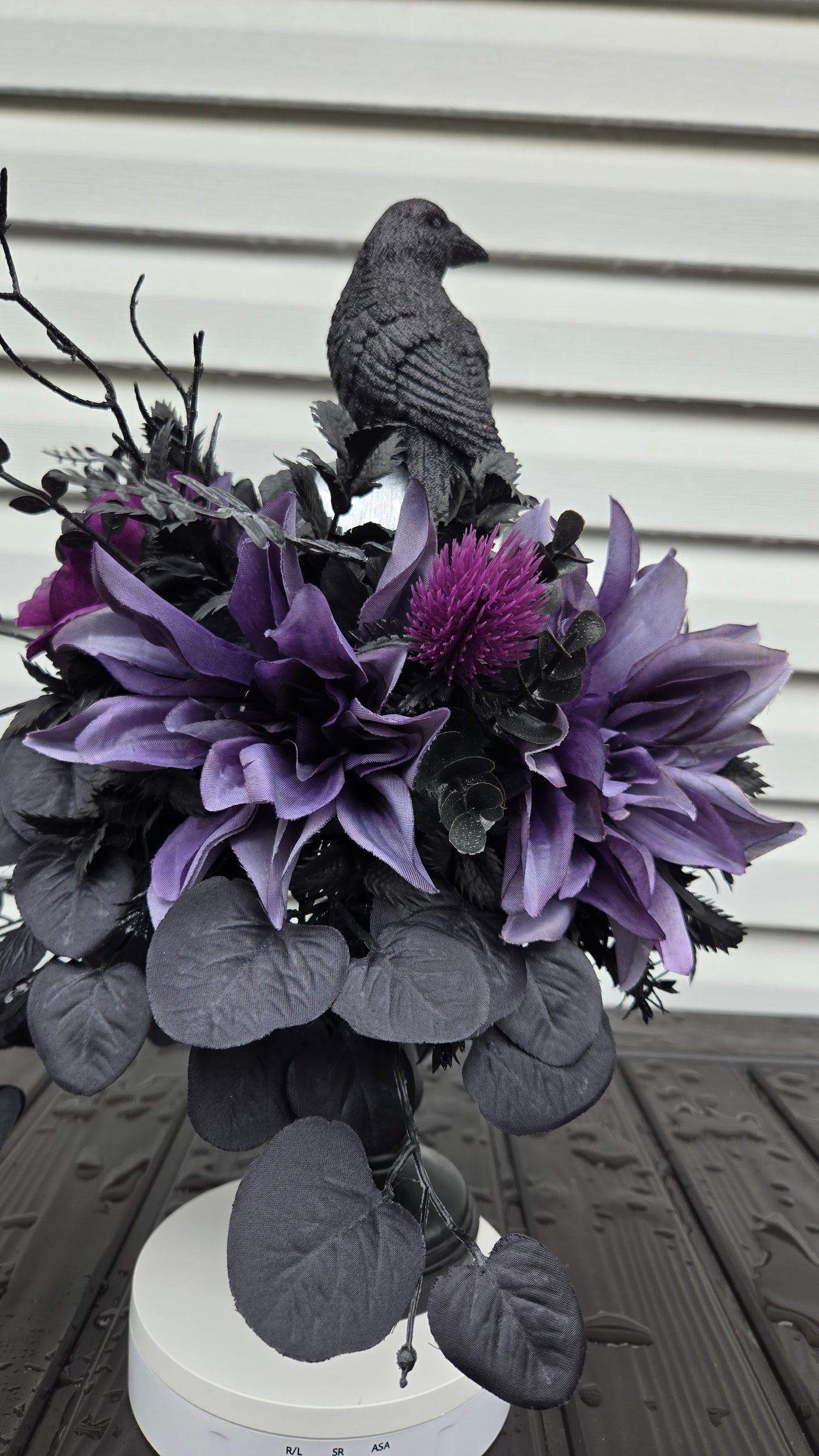 Halloween Floral Arrangement - Gothic Skull Candlestick Centerpiece with Raven