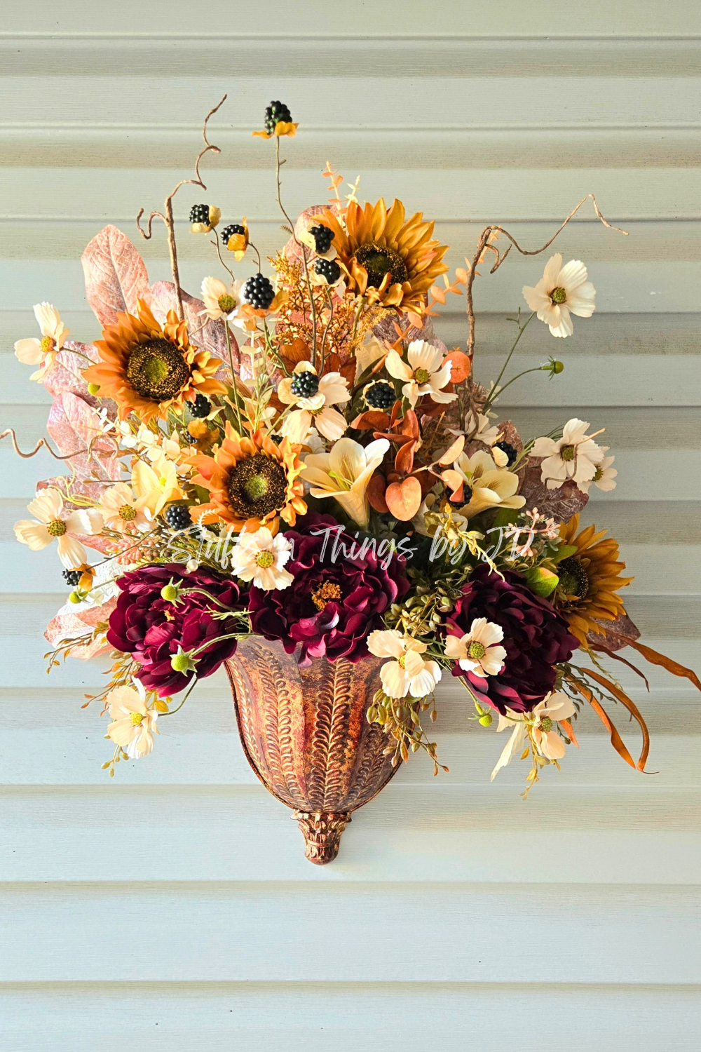 Copper Harvest Wall Pocket Arrangement | Luxury Fall Floral Wall Decor with Sunflowers & Burgundy Blooms