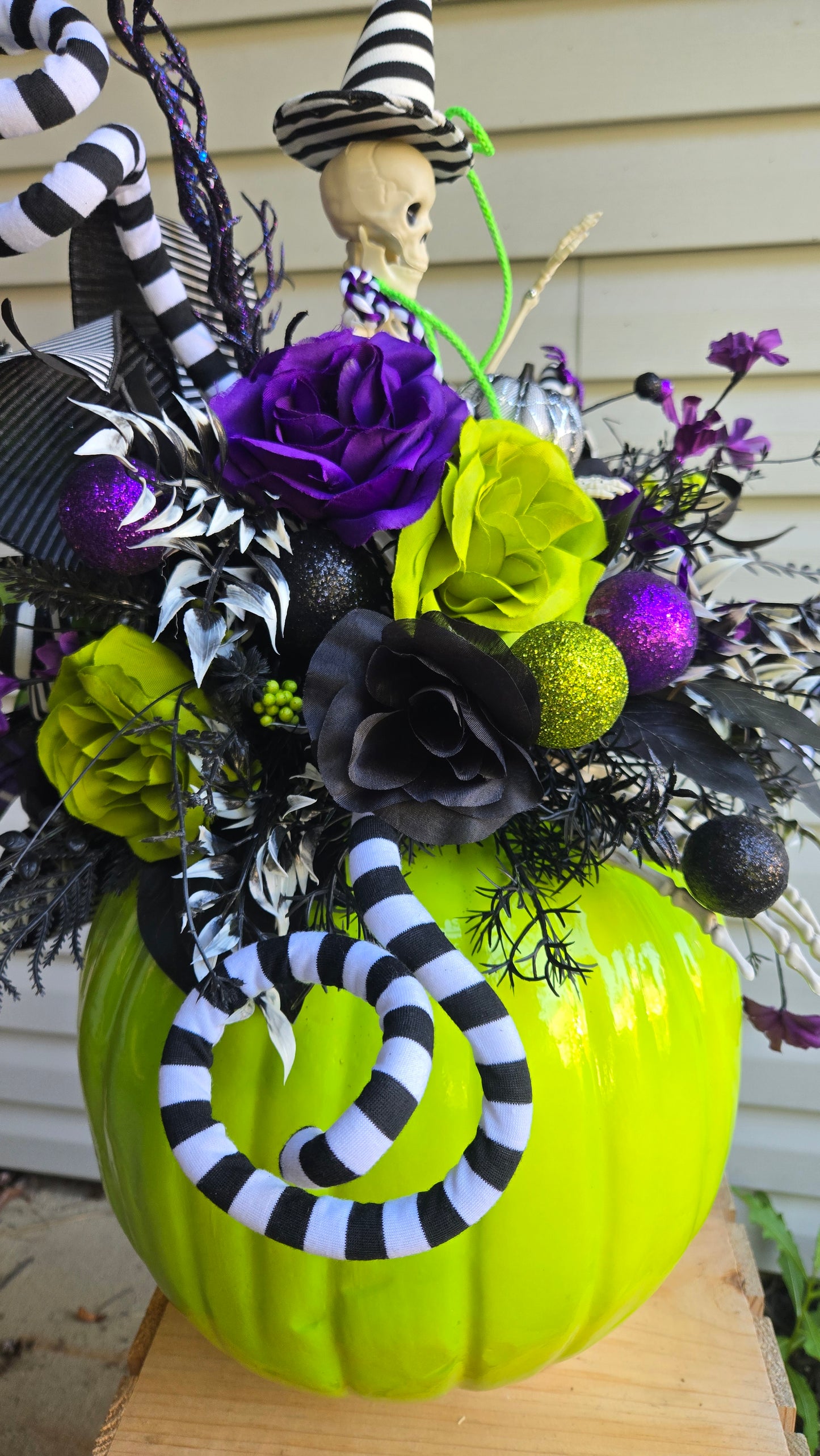 Halloween Centerpiece - Beetlejuice Inspired Witchy Skeleton on a Pumpkin
