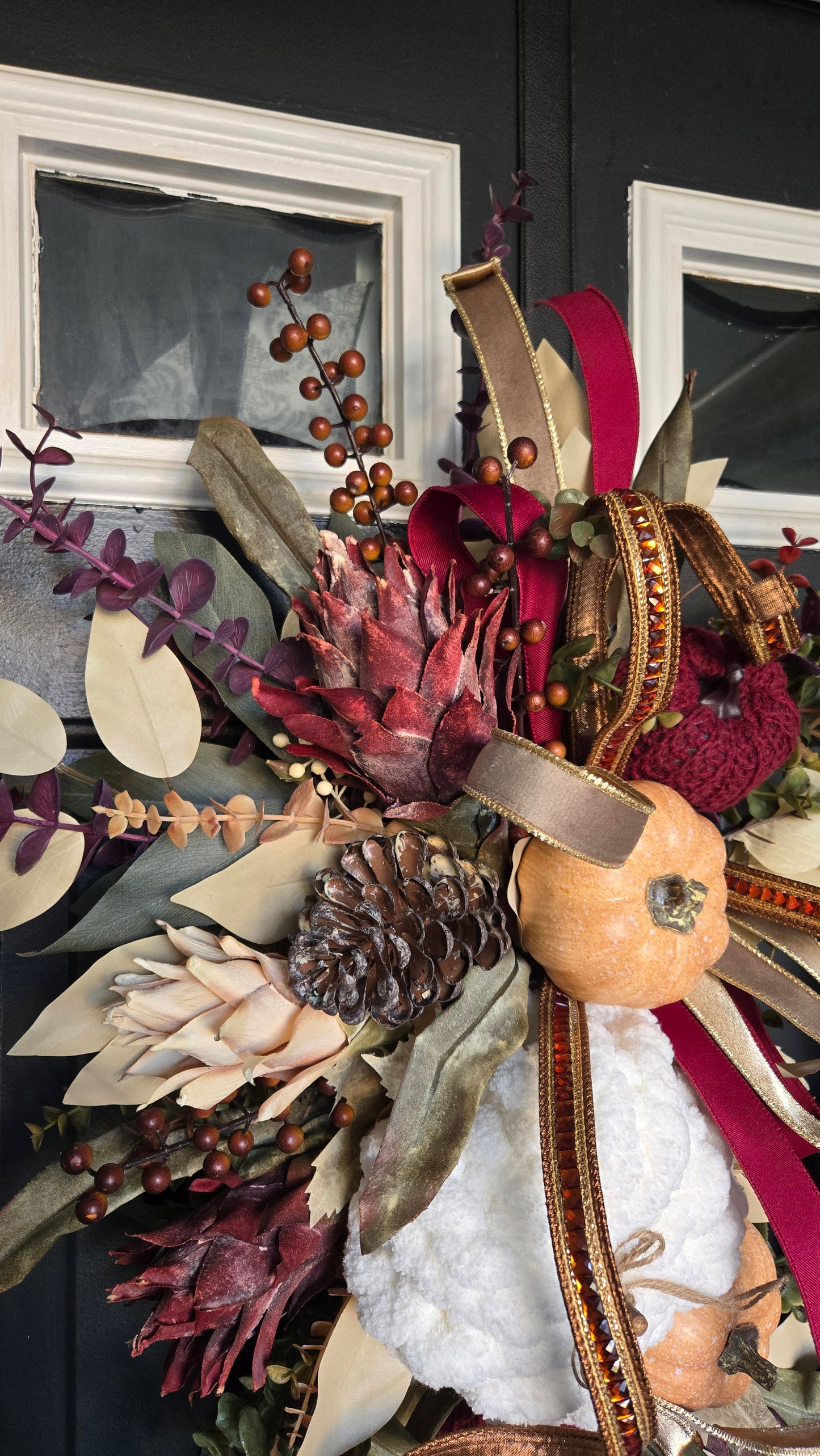 Fall Wreath - Burgundy Eucalyptus and Pumpkin Grapevine Wreath for Autumn Door Decor
