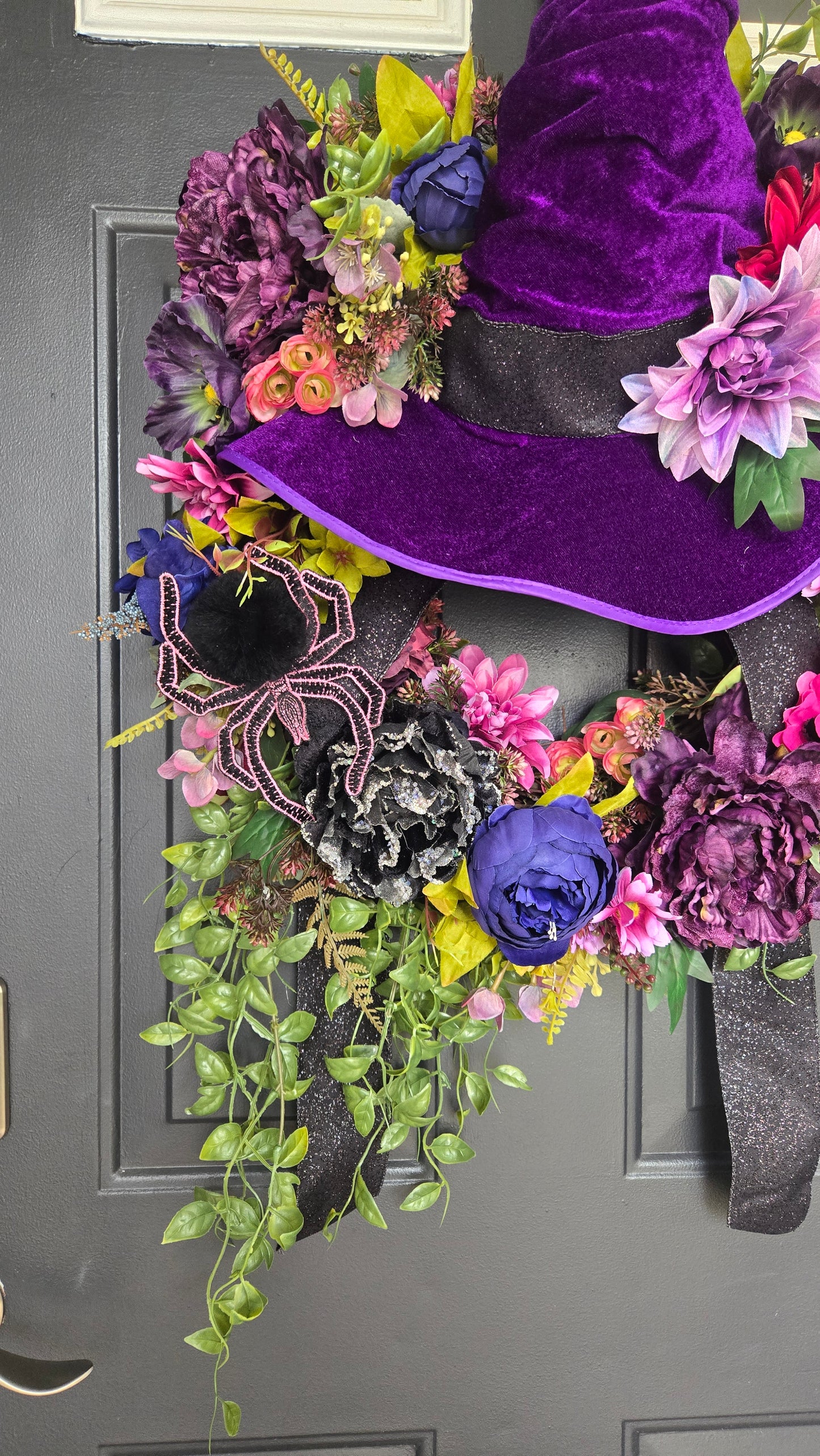Halloween Wreath – Witch Hat Floral Grapevine Door Decor with Velvet Hat, Spiders, and Fall Blooms