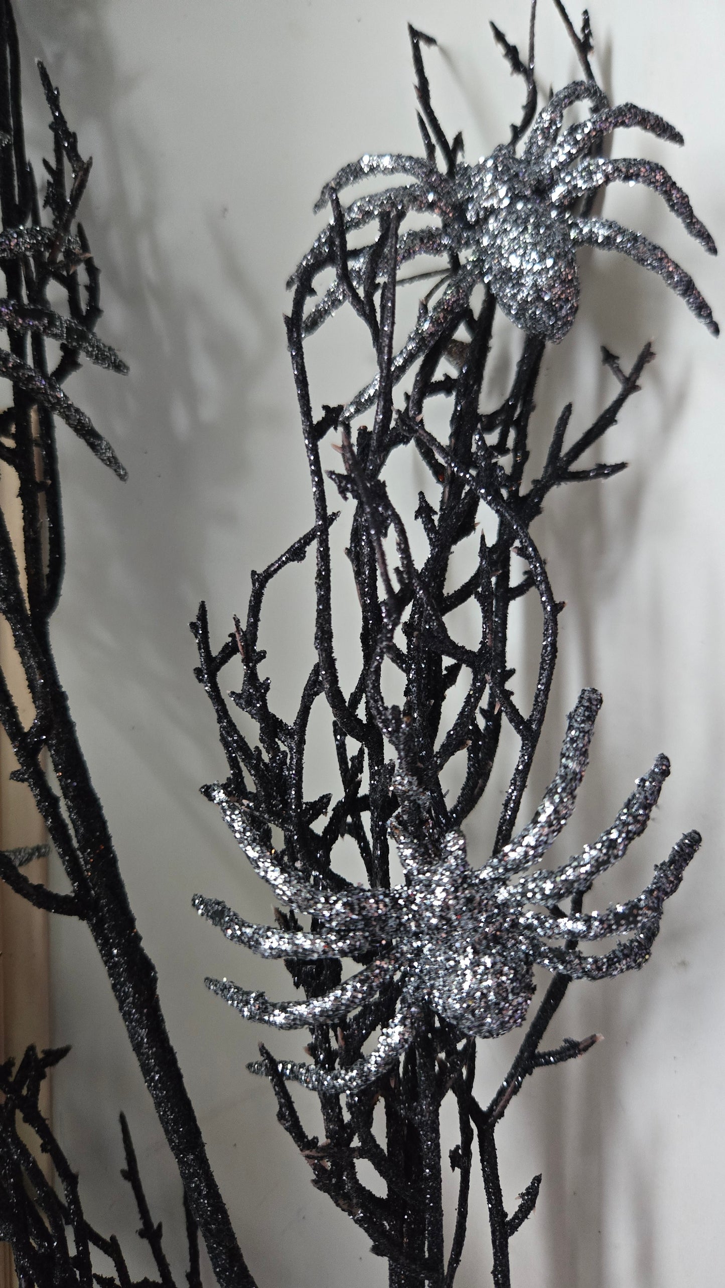 30" Black Twig Spray with Silver Spiders
